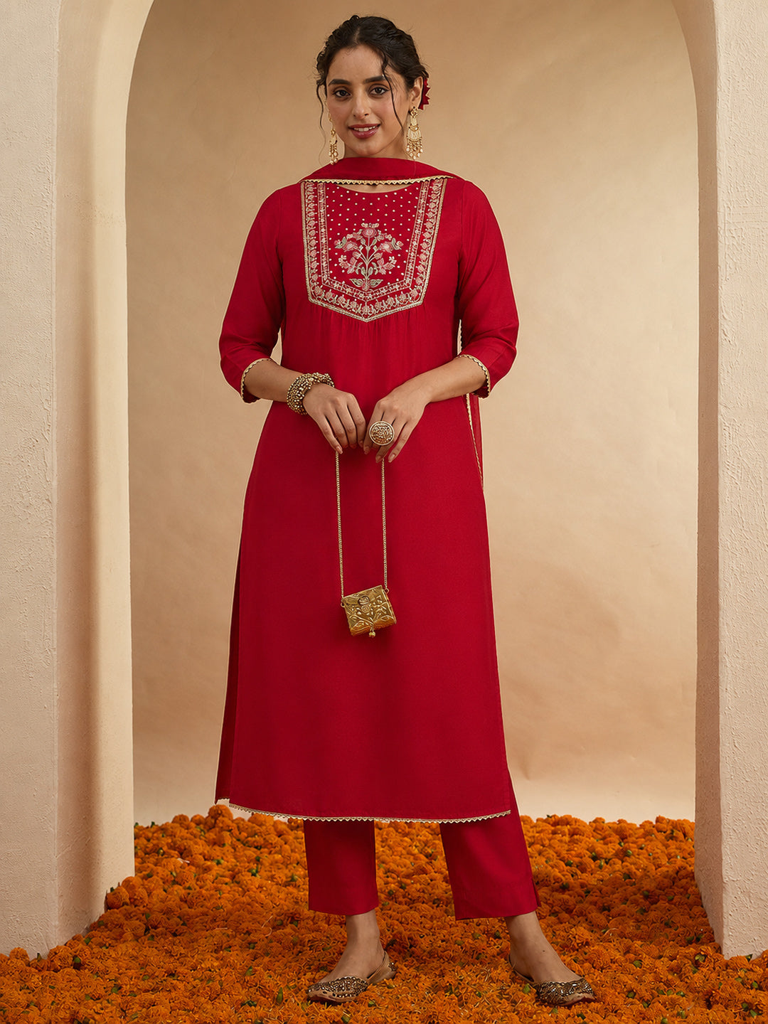 Janasya Women's Red Silk Blend Floral Yoke Embroidered Straight Kurta Set