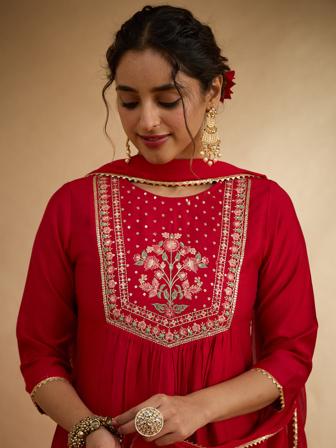 Janasya Women's Red Silk Blend Floral Yoke Embroidered Straight Kurta Set