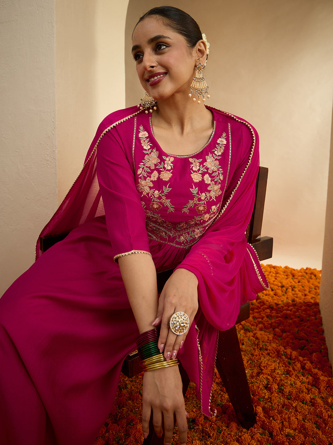 Janasya Women's Pink Silk Blend Floral Zari Yoke Embroidered A-line Kurta Set
