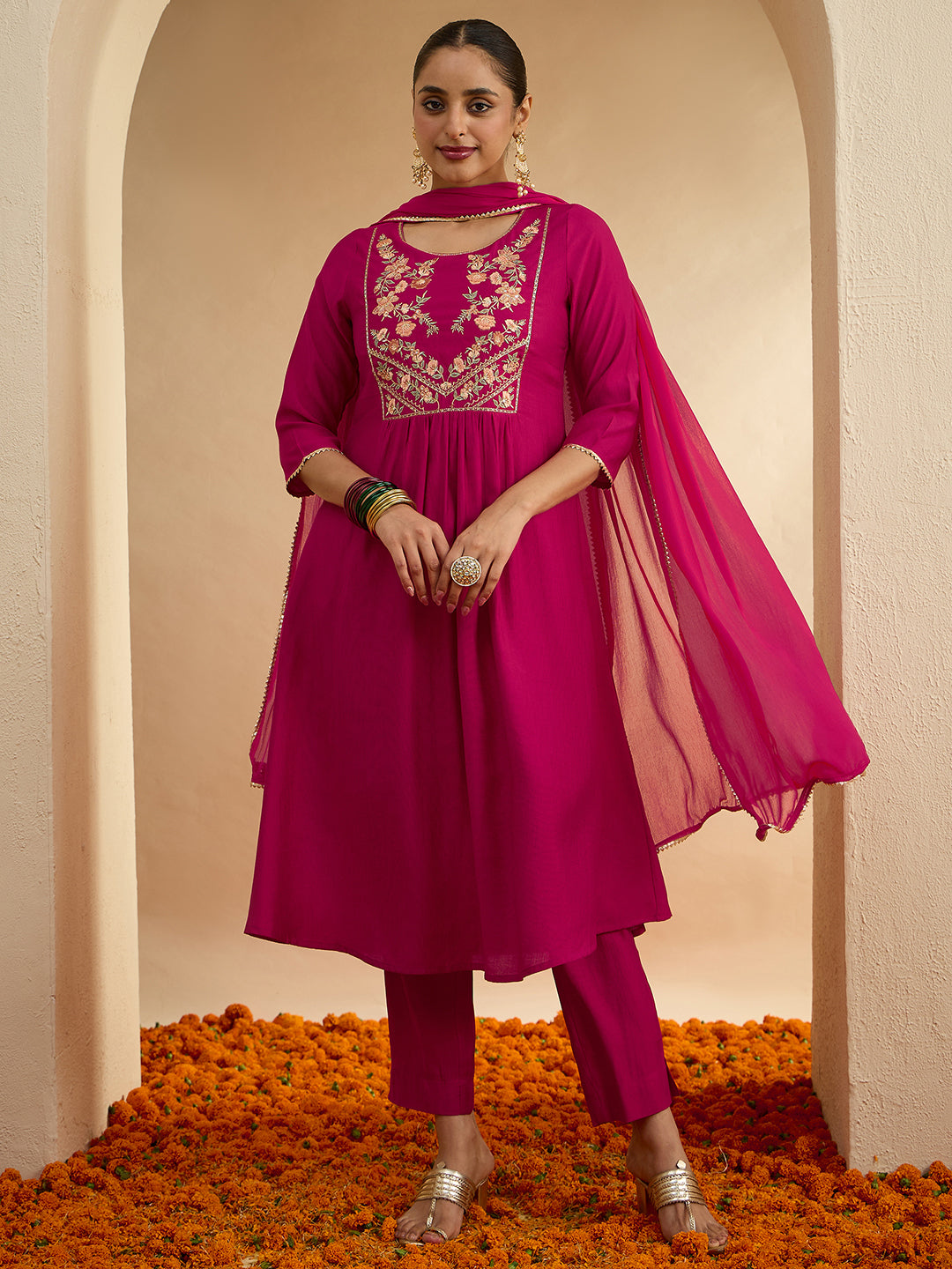 Janasya Women's Pink Silk Blend Floral Zari Yoke Embroidered A-line Kurta Set