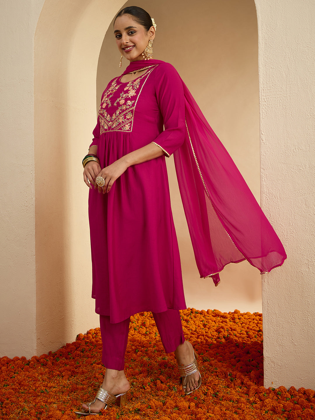 Janasya Women's Pink Silk Blend Floral Zari Yoke Embroidered A-line Kurta Set