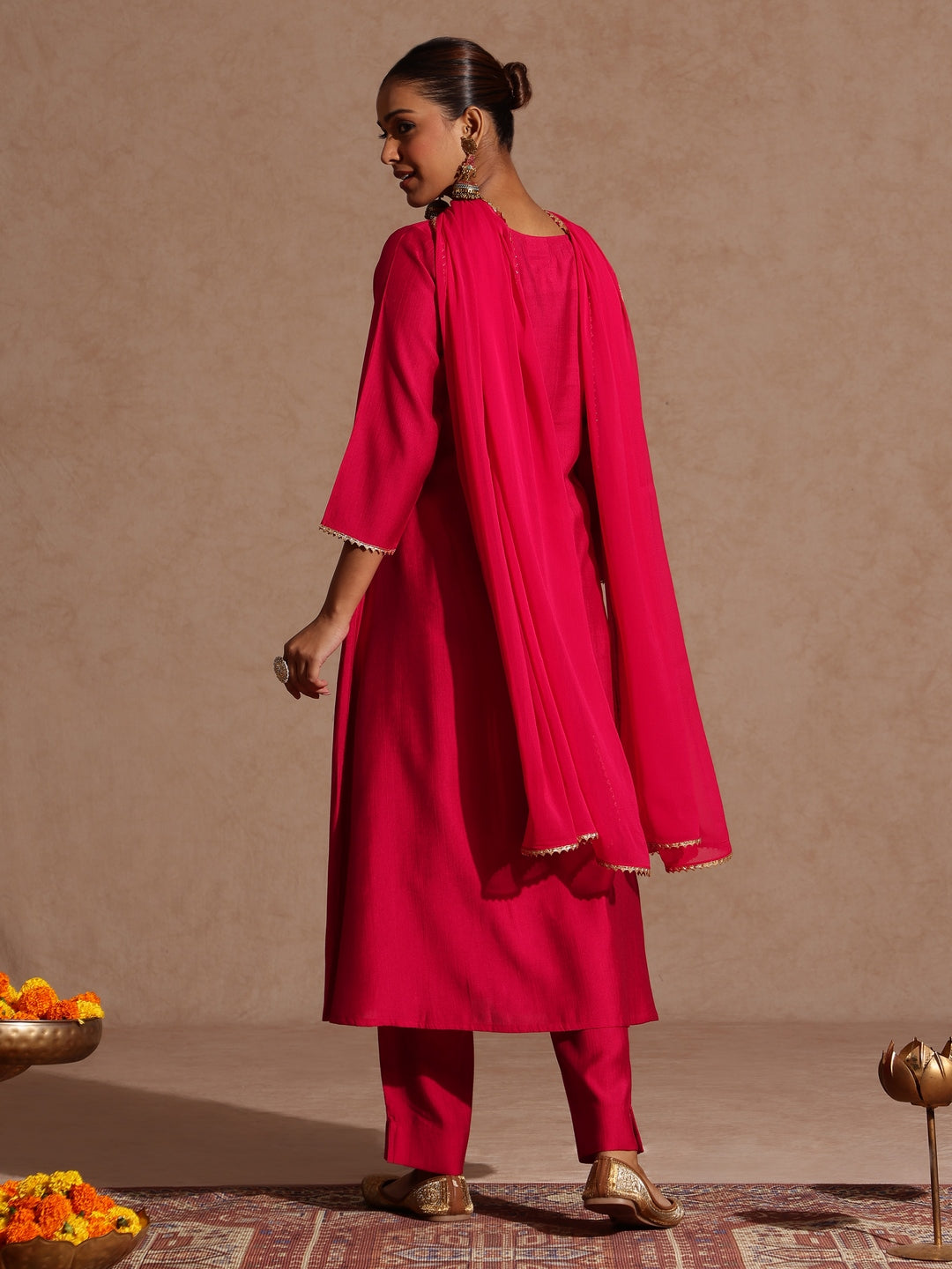 Janasya Women's Pink Silk Blend Yoke Embroidered A-line Kurta Set