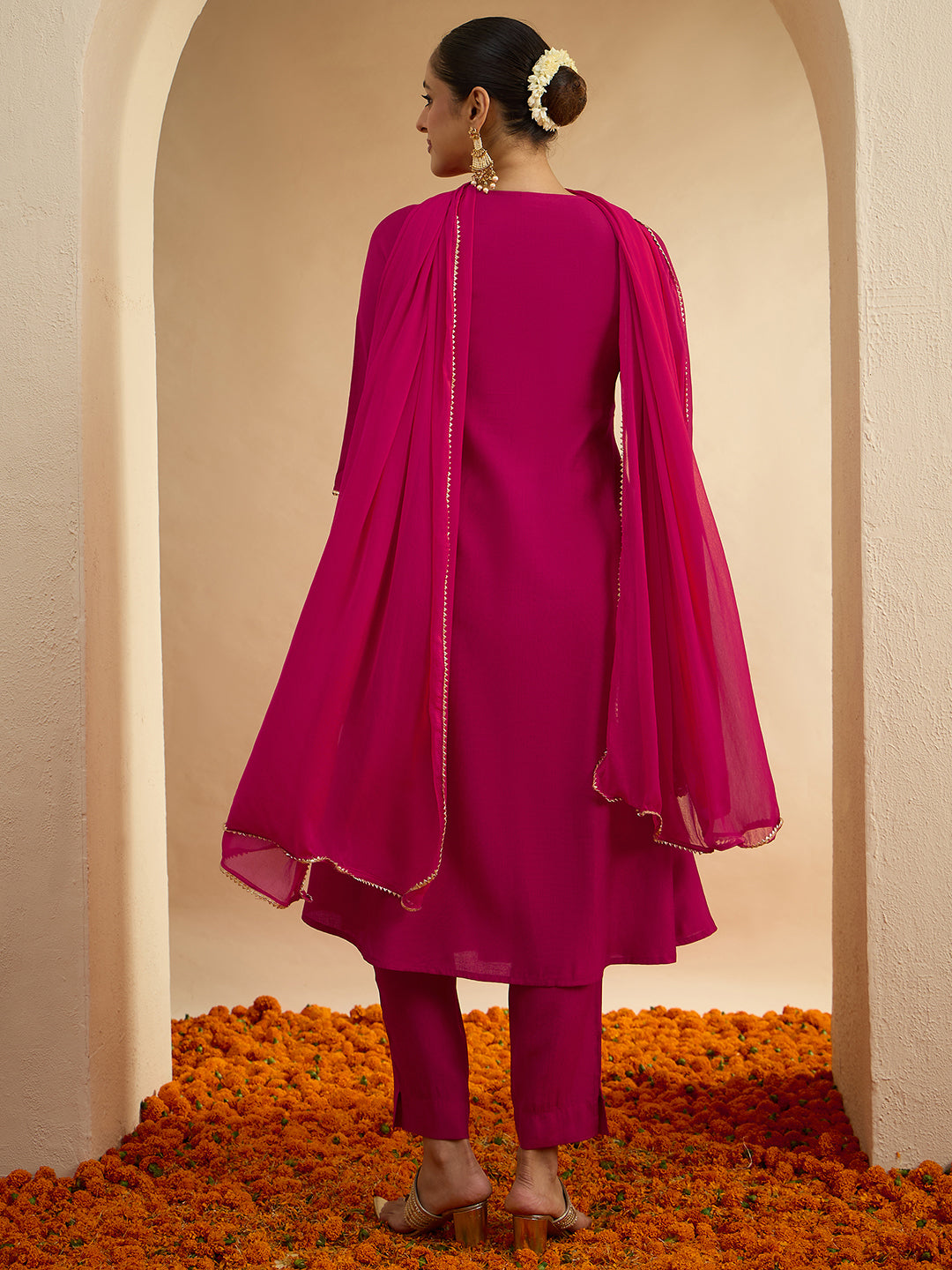 Janasya Women's Pink Silk Blend Floral Zari Yoke Embroidered A-line Kurta Set