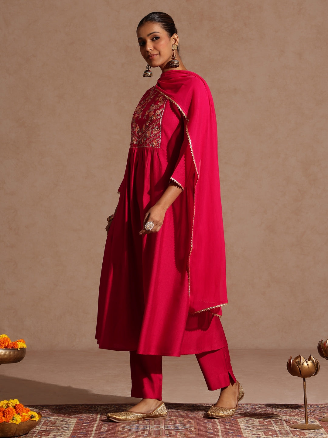 Janasya Women's Pink Silk Blend Yoke Embroidered A-line Kurta Set