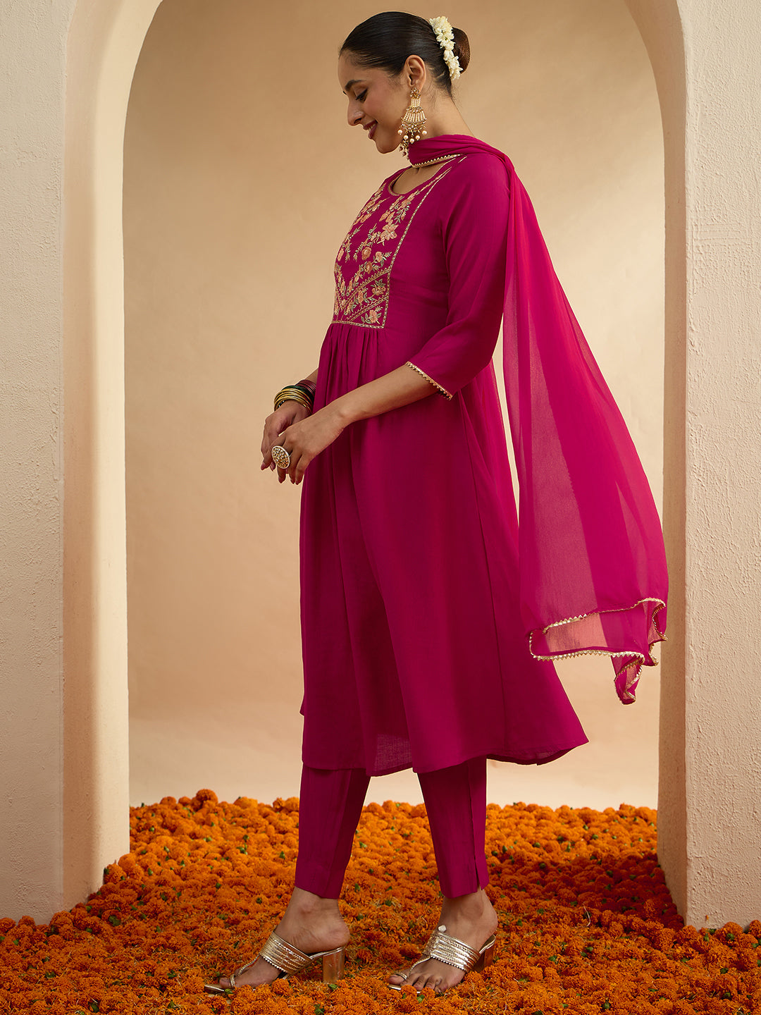 Janasya Women's Pink Silk Blend Floral Zari Yoke Embroidered A-line Kurta Set