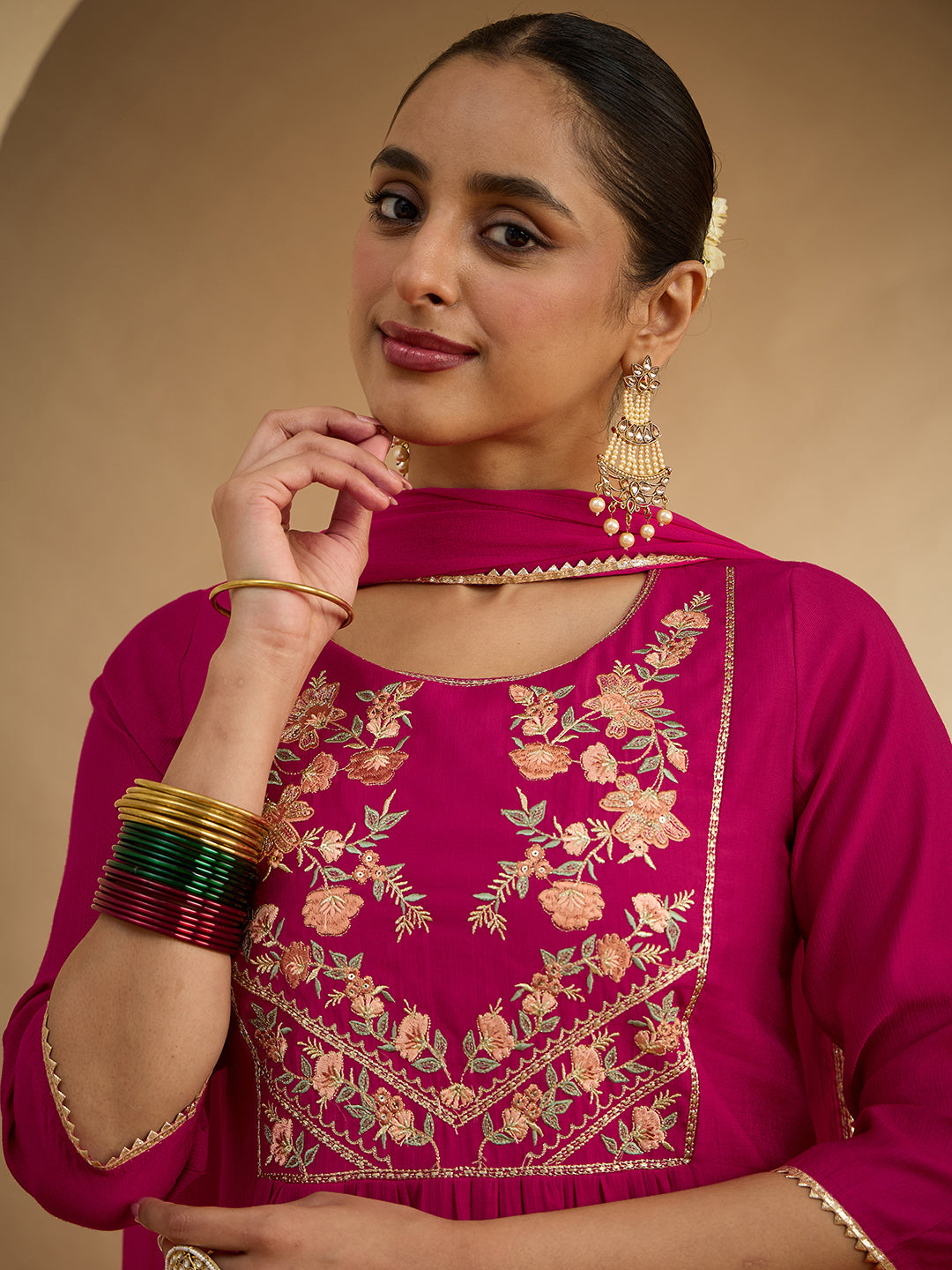 Janasya Women's Pink Silk Blend Floral Zari Yoke Embroidered A-line Kurta Set
