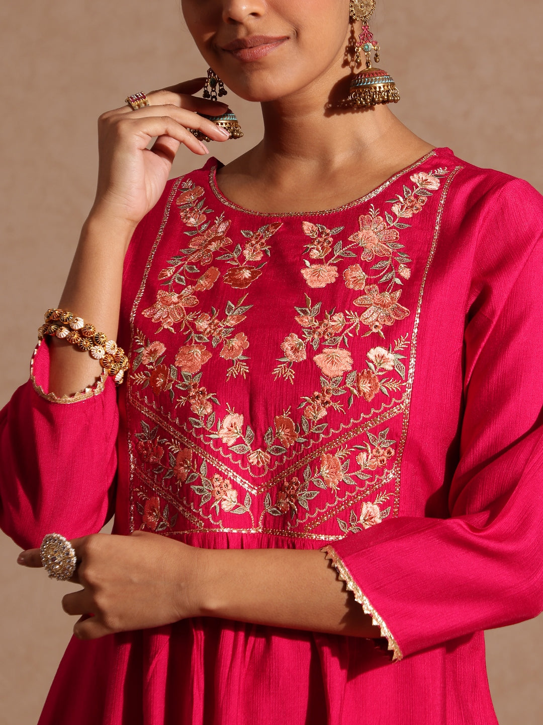Janasya Women's Pink Silk Blend Yoke Embroidered A-line Kurta Set