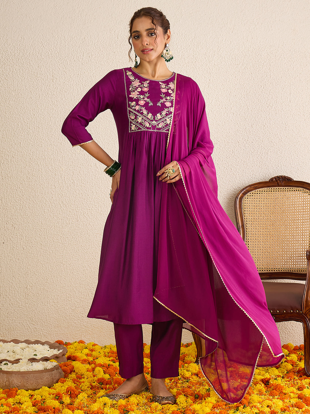 Janasya Women's Purple Silk Blend Floral Yoke Embroidered A-line Kurta Set