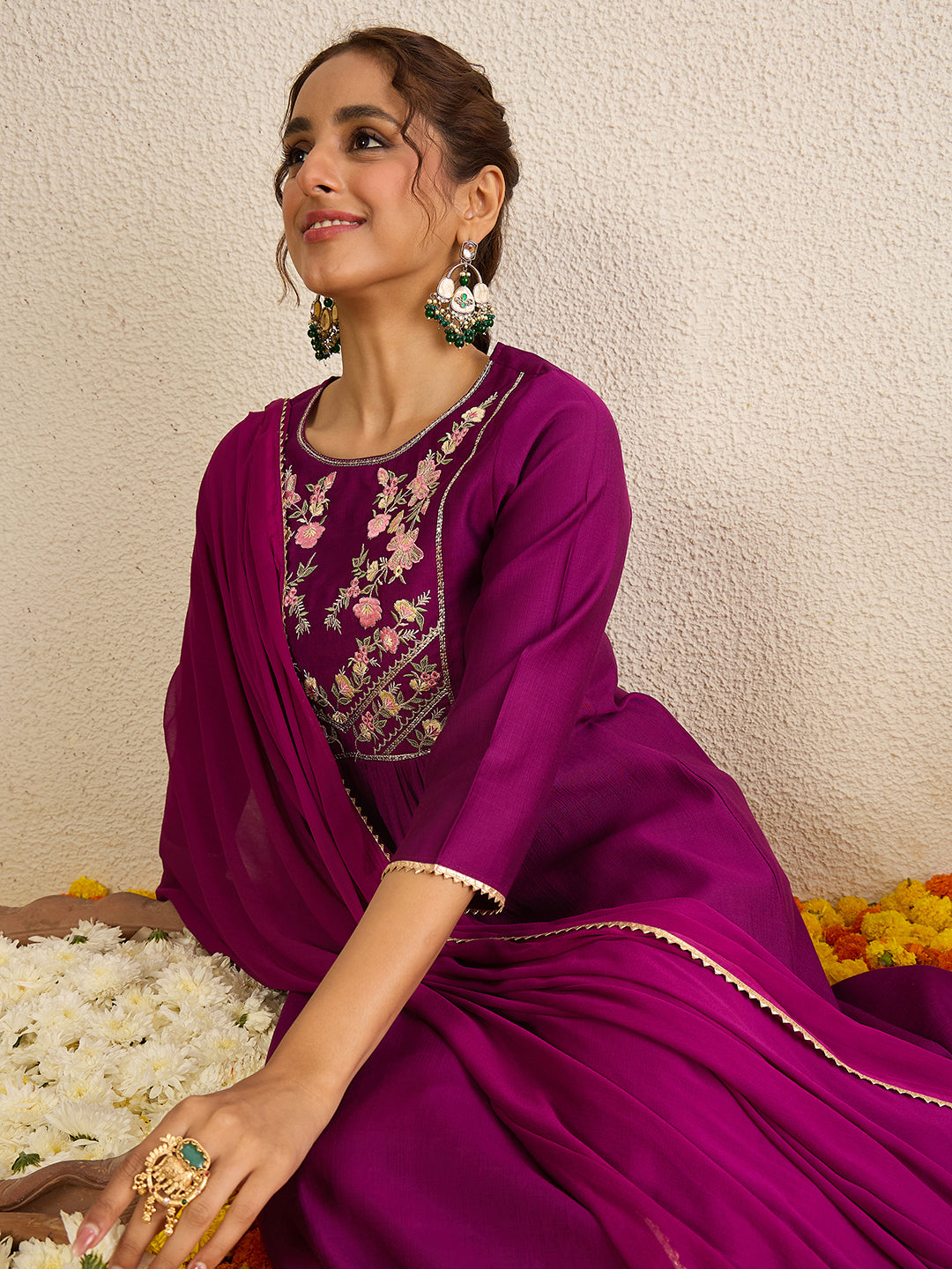 Janasya Women's Purple Silk Blend Floral Yoke Embroidered A-line Kurta Set