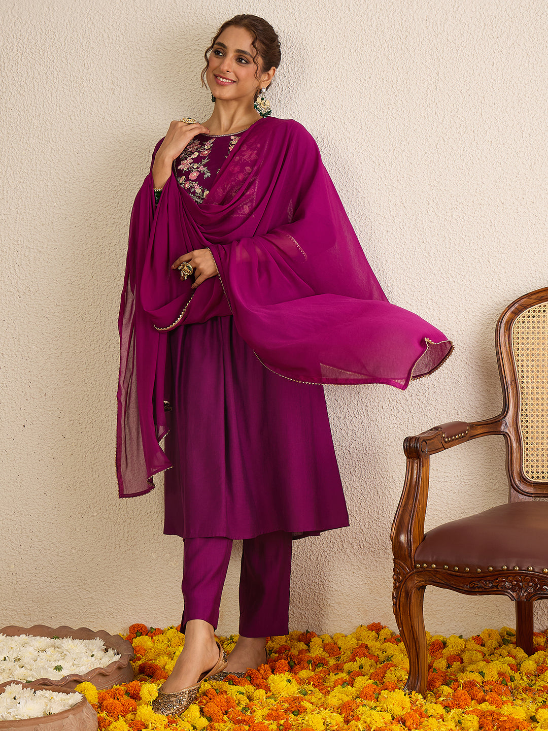 Janasya Women's Purple Silk Blend Floral Yoke Embroidered A-line Kurta Set