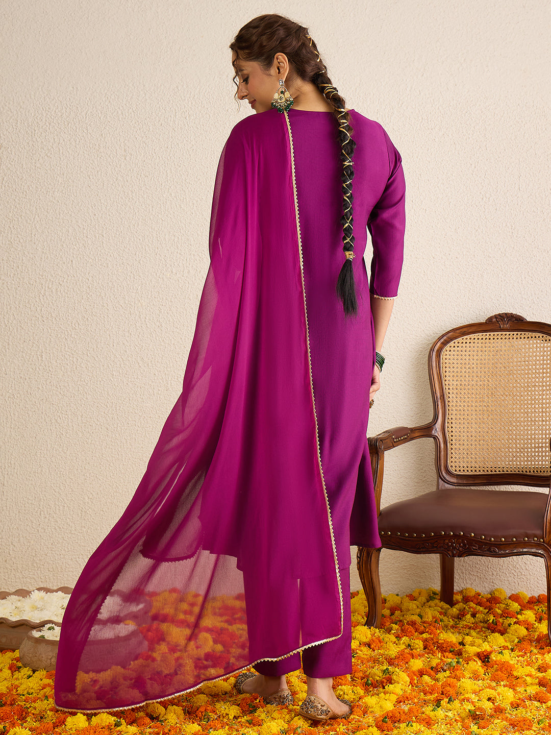 Janasya Women's Purple Silk Blend Floral Yoke Embroidered A-line Kurta Set