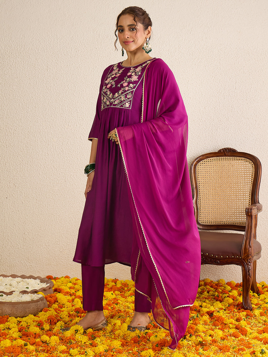 Janasya Women's Purple Silk Blend Floral Yoke Embroidered A-line Kurta Set