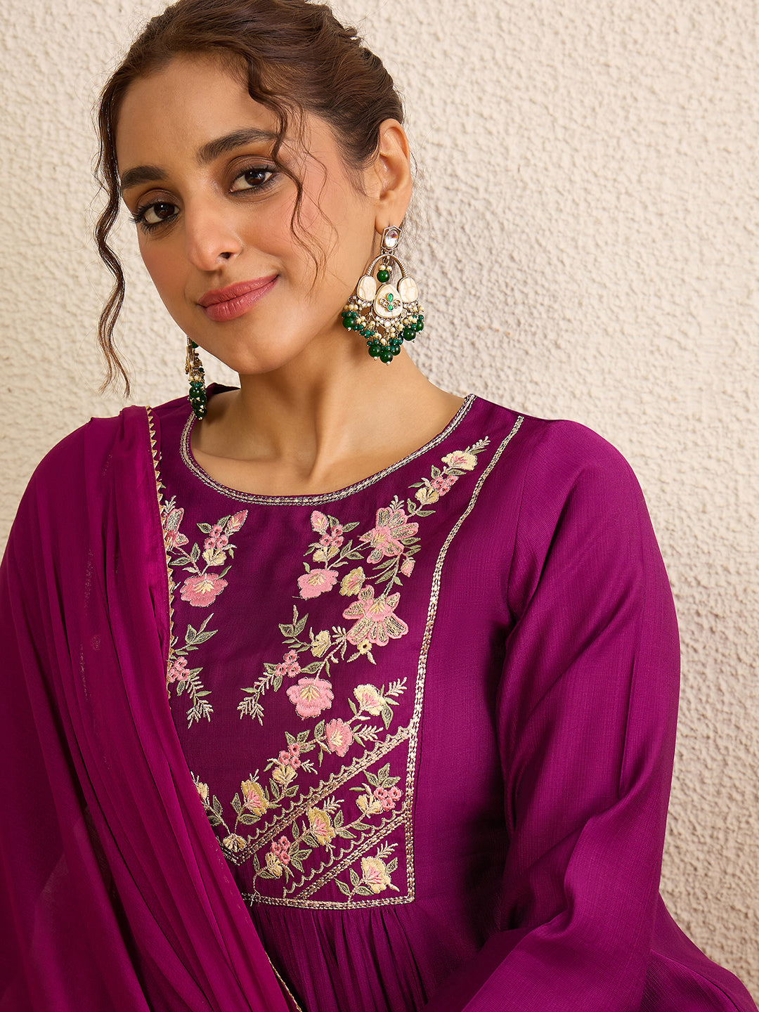 Janasya Women's Purple Silk Blend Floral Yoke Embroidered A-line Kurta Set
