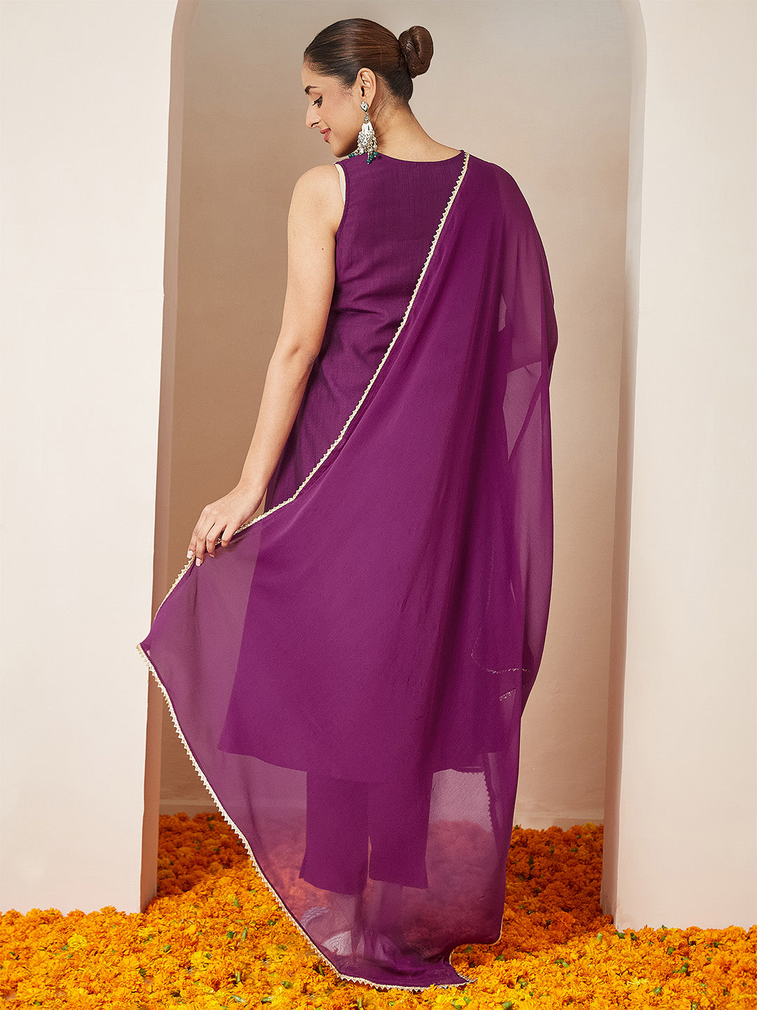 Janasya Women's Purple Silk Blend Embroidered Straight Kurta Set