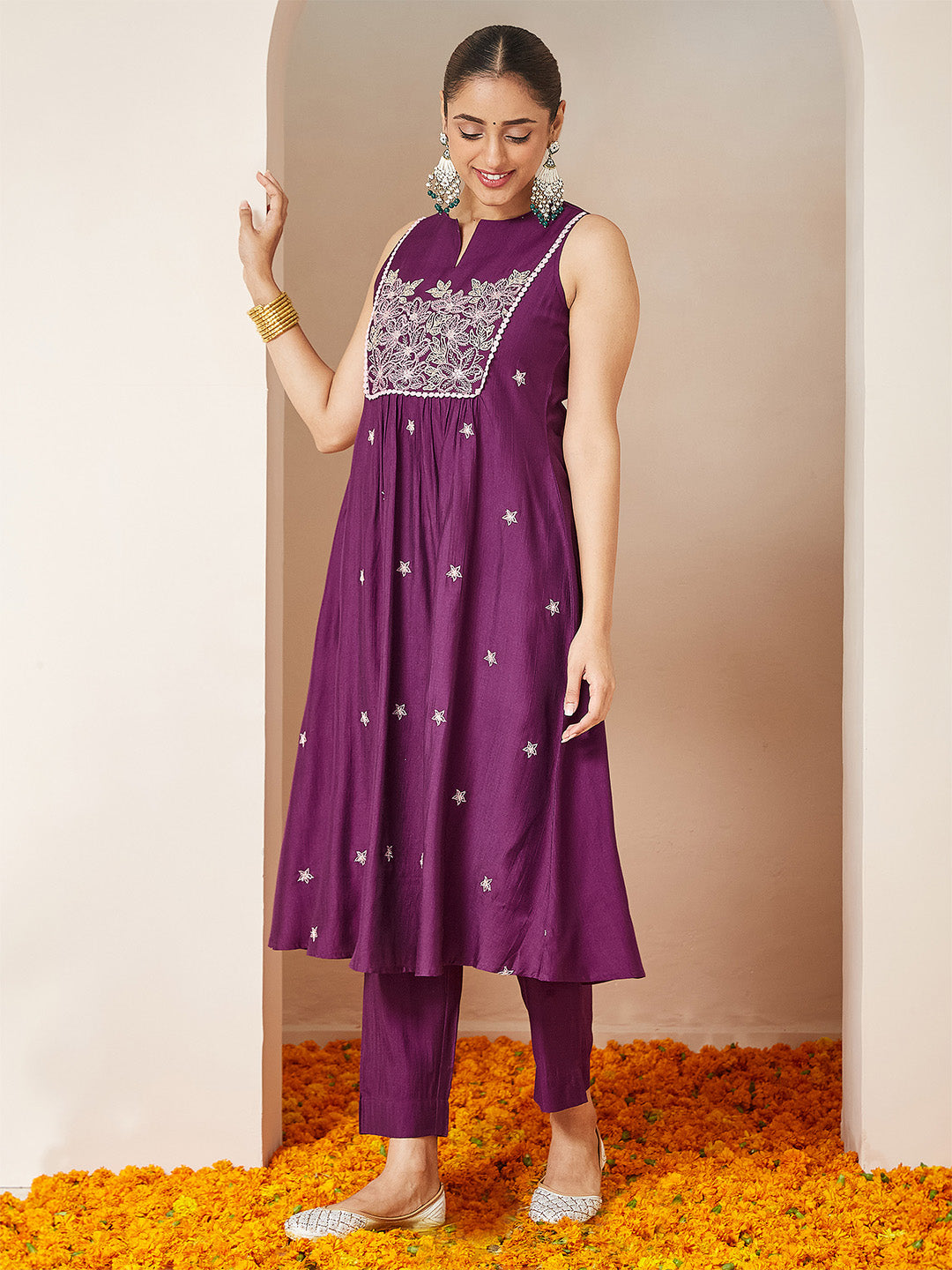 Janasya Women's Purple Silk Blend Embroidered Straight Kurta Set