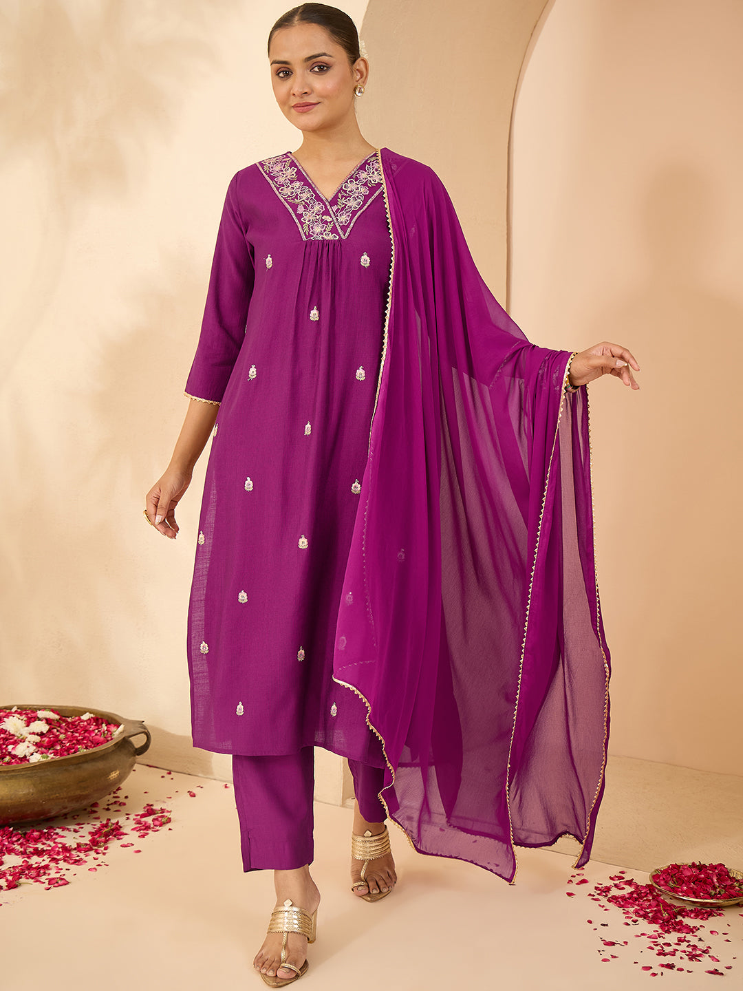 Janasya Women's Purple Silk Blend Embroidered A-line Kurta Set