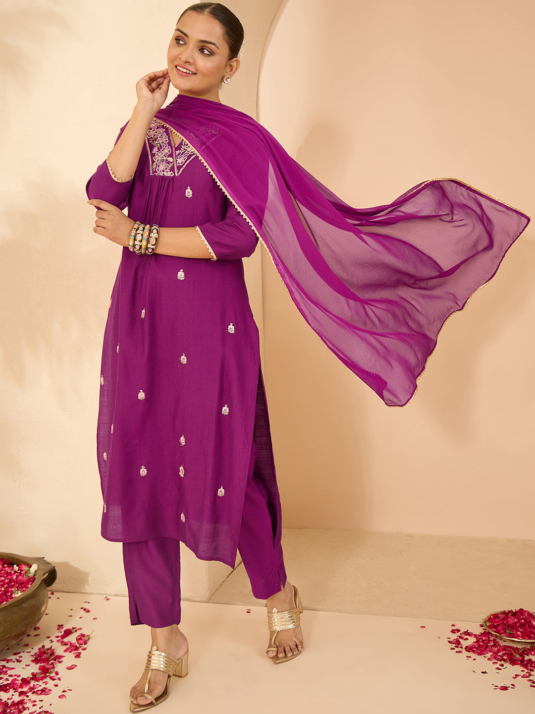 Janasya Women's Purple Silk Blend Embroidered A-line Kurta Set