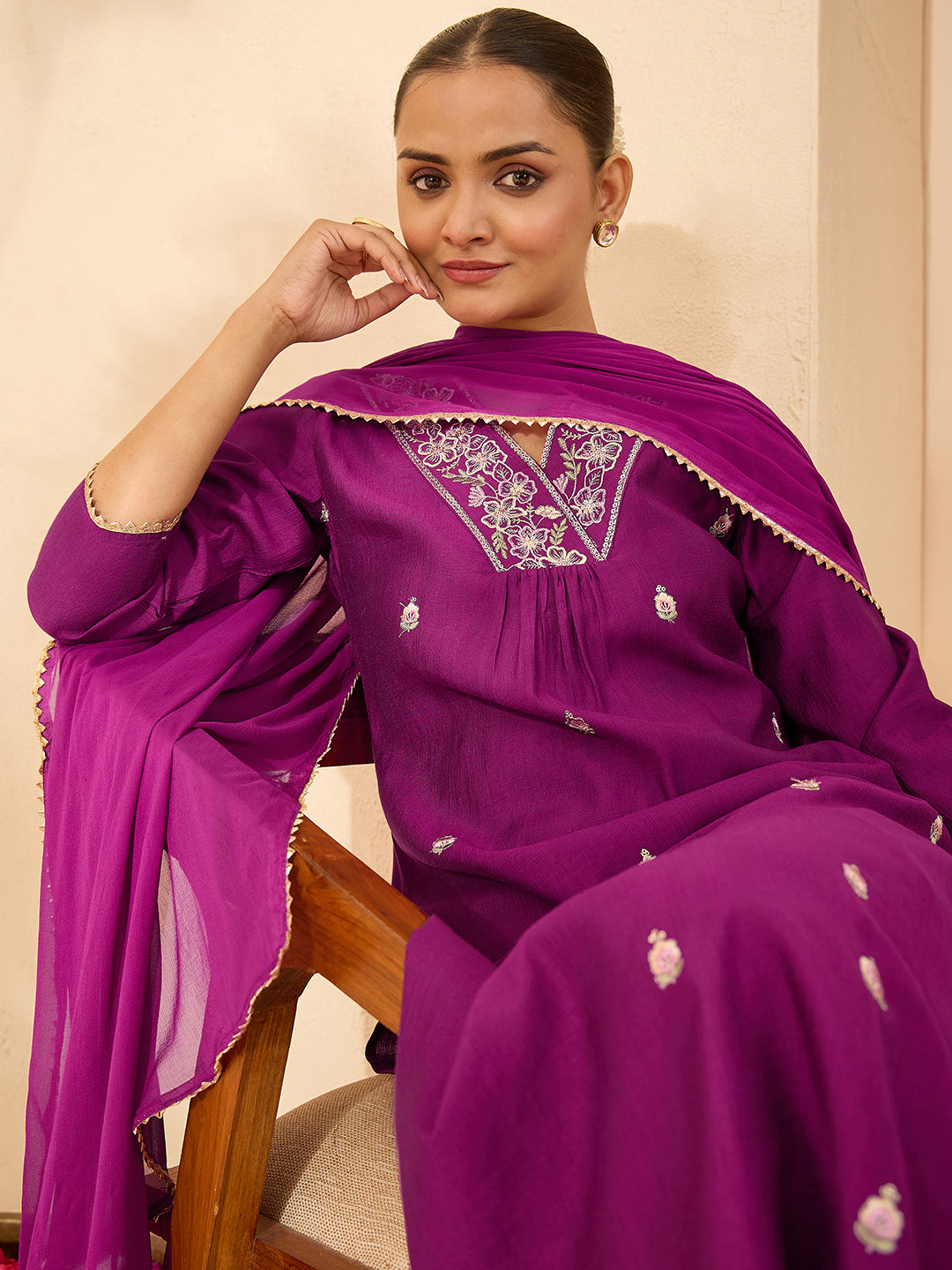 Janasya Women's Purple Silk Blend Embroidered A-line Kurta Set