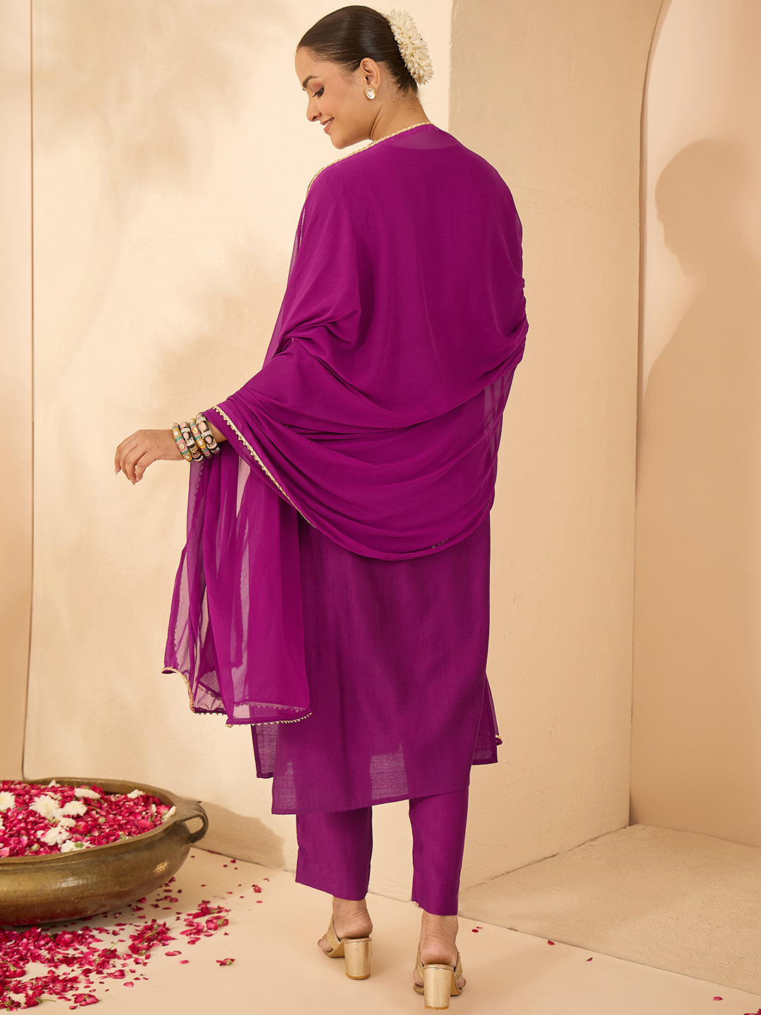 Janasya Women's Purple Silk Blend Embroidered A-line Kurta Set