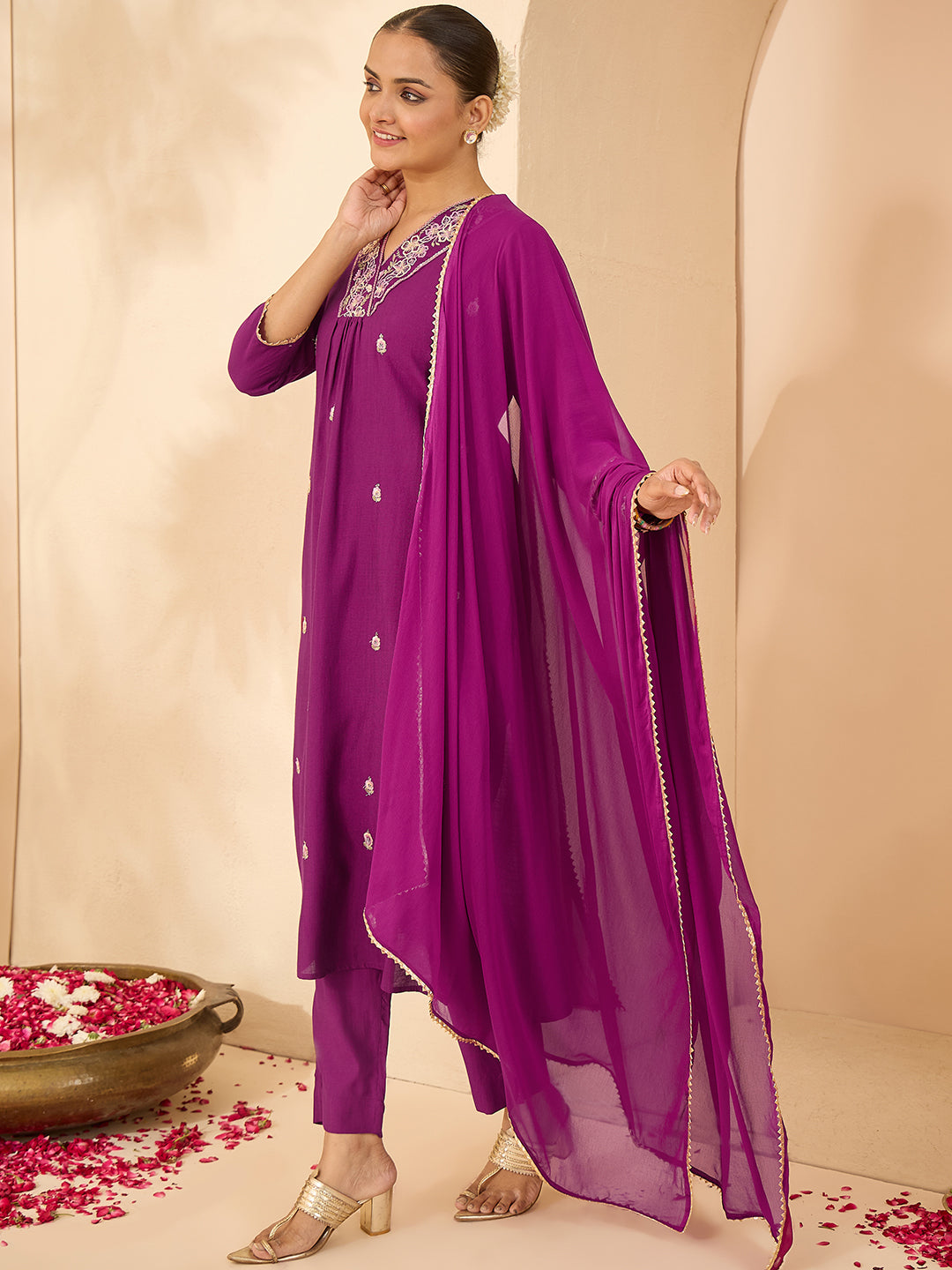 Janasya Women's Purple Silk Blend Embroidered A-line Kurta Set