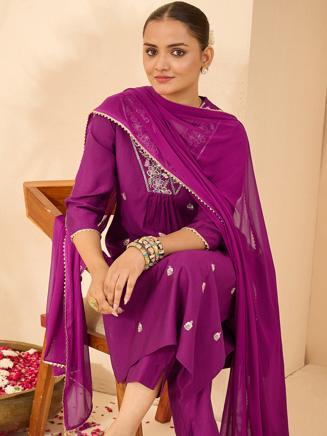 Janasya Women's Purple Silk Blend Embroidered A-line Kurta Set