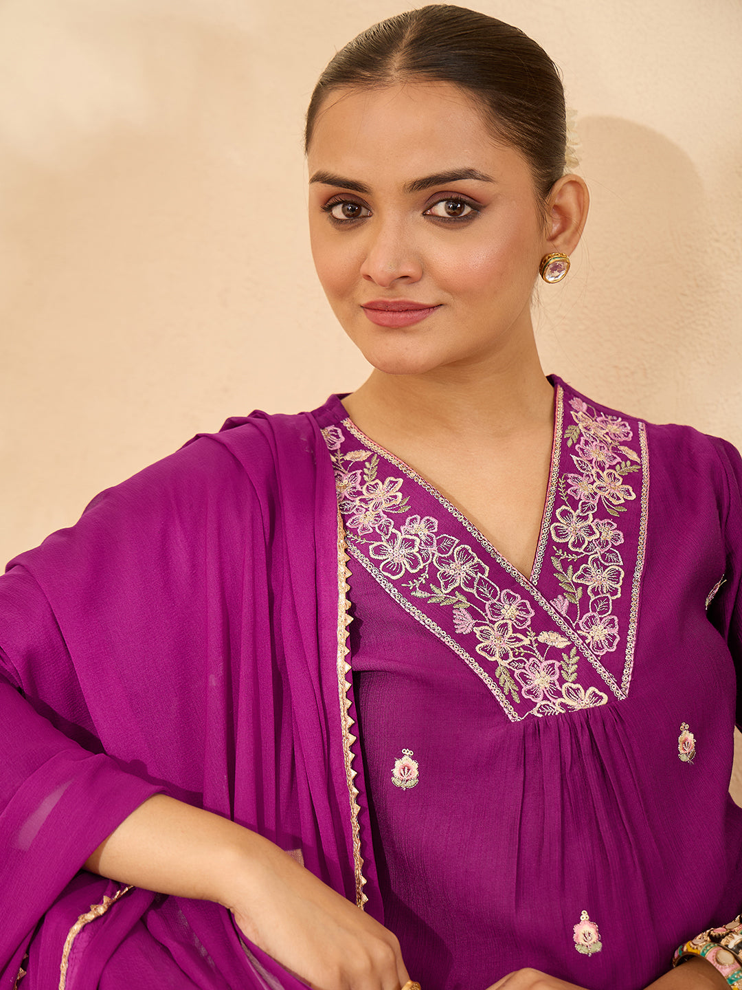 Janasya Women's Purple Silk Blend Embroidered A-line Kurta Set