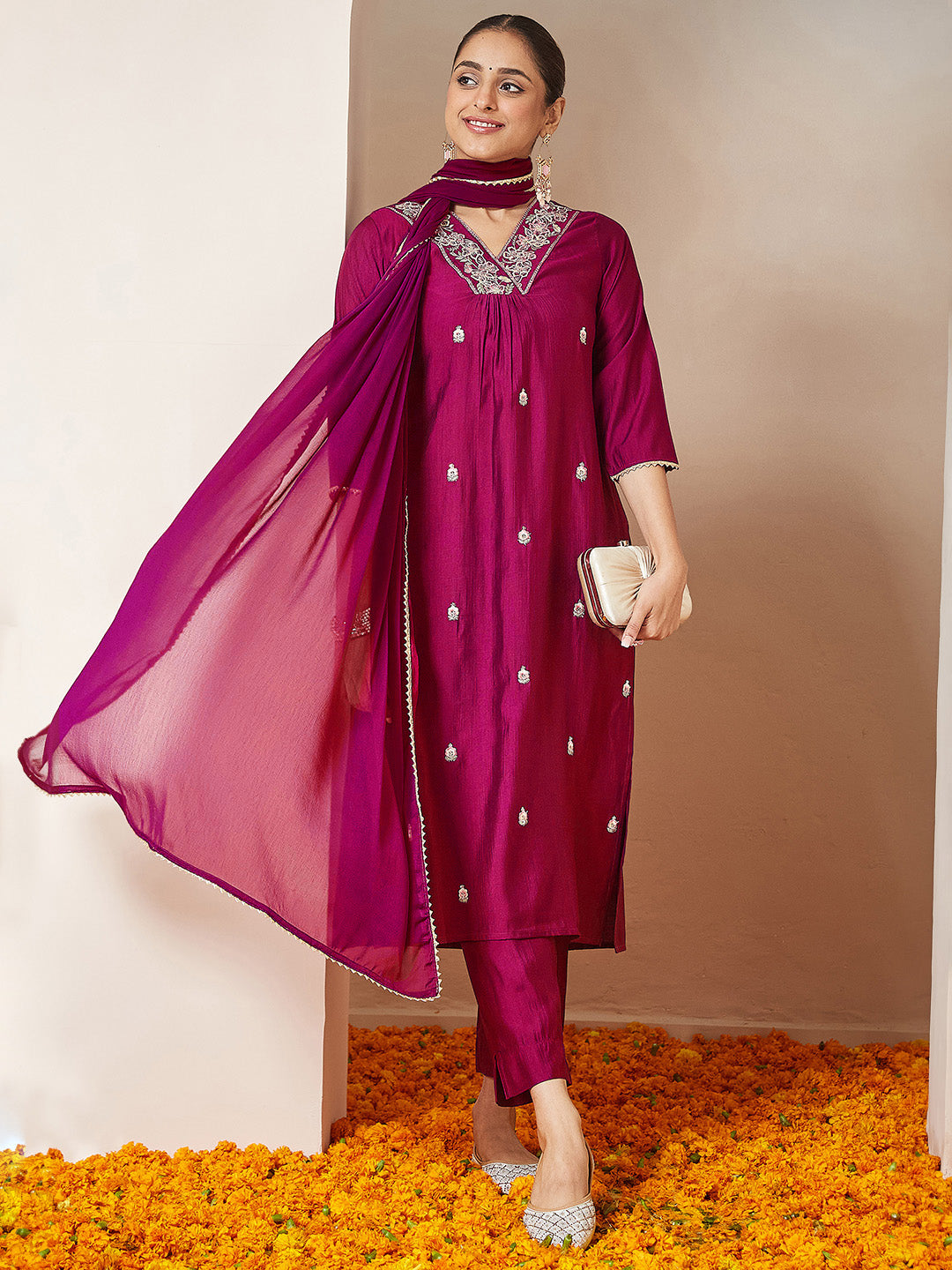 Janasya Women's Pink Silk Blend Embroidered A-line Kurta Set