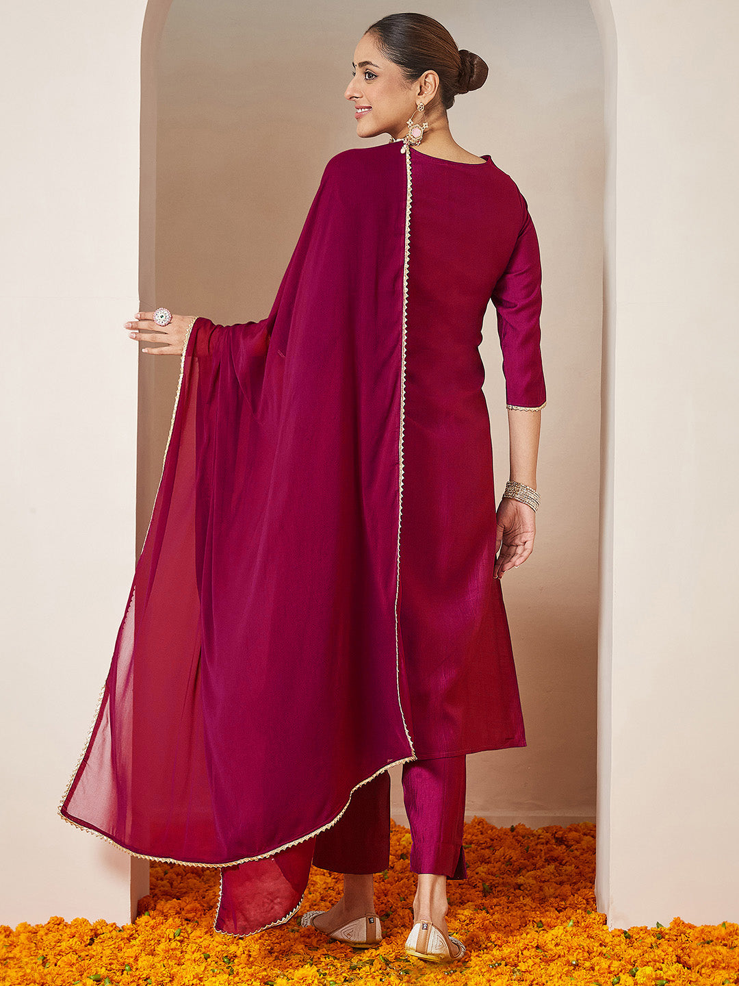 Janasya Women's Pink Silk Blend Embroidered A-line Kurta Set