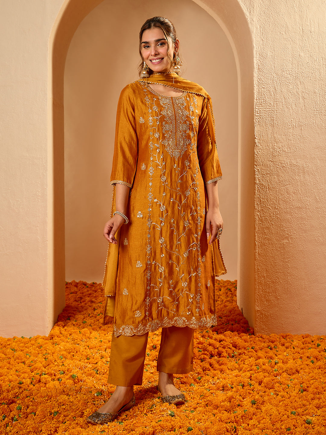 Janasya Women's Mustard Silk Blend Floral Zari Embroidered Straight Kurta Set