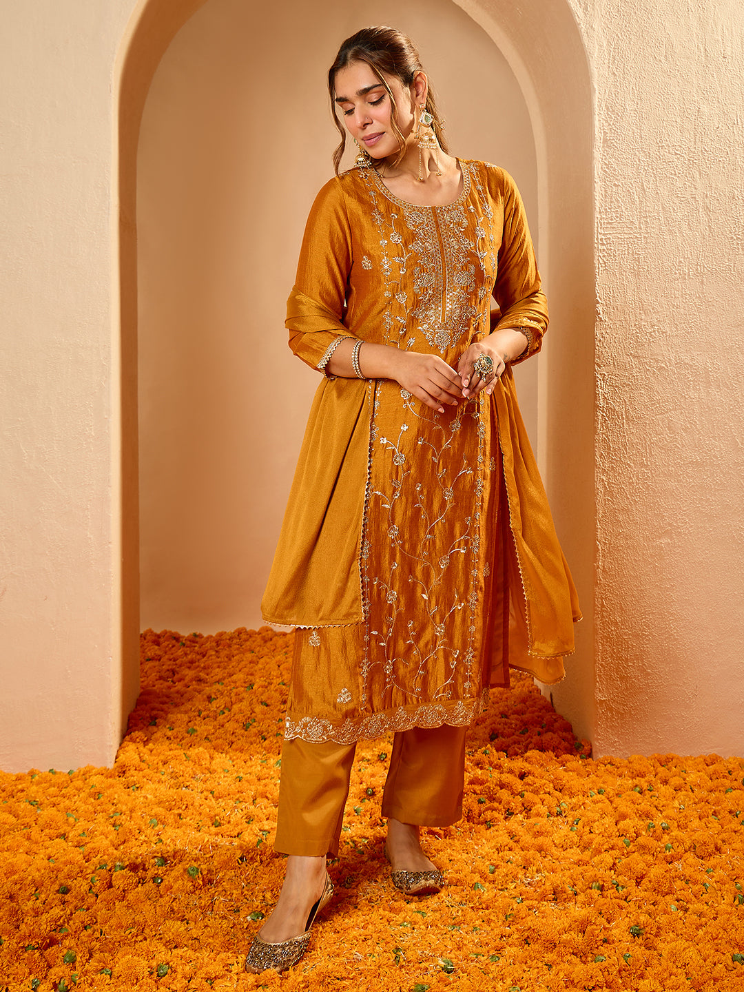 Janasya Women's Mustard Silk Blend Floral Zari Embroidered Straight Kurta Set