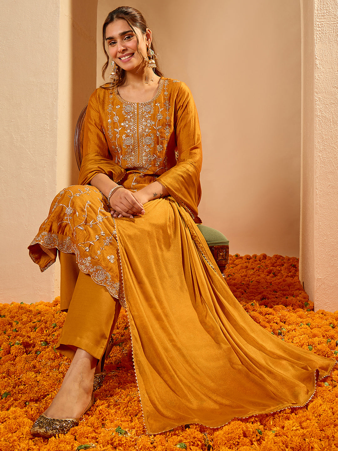 Janasya Women's Mustard Silk Blend Floral Zari Embroidered Straight Kurta Set