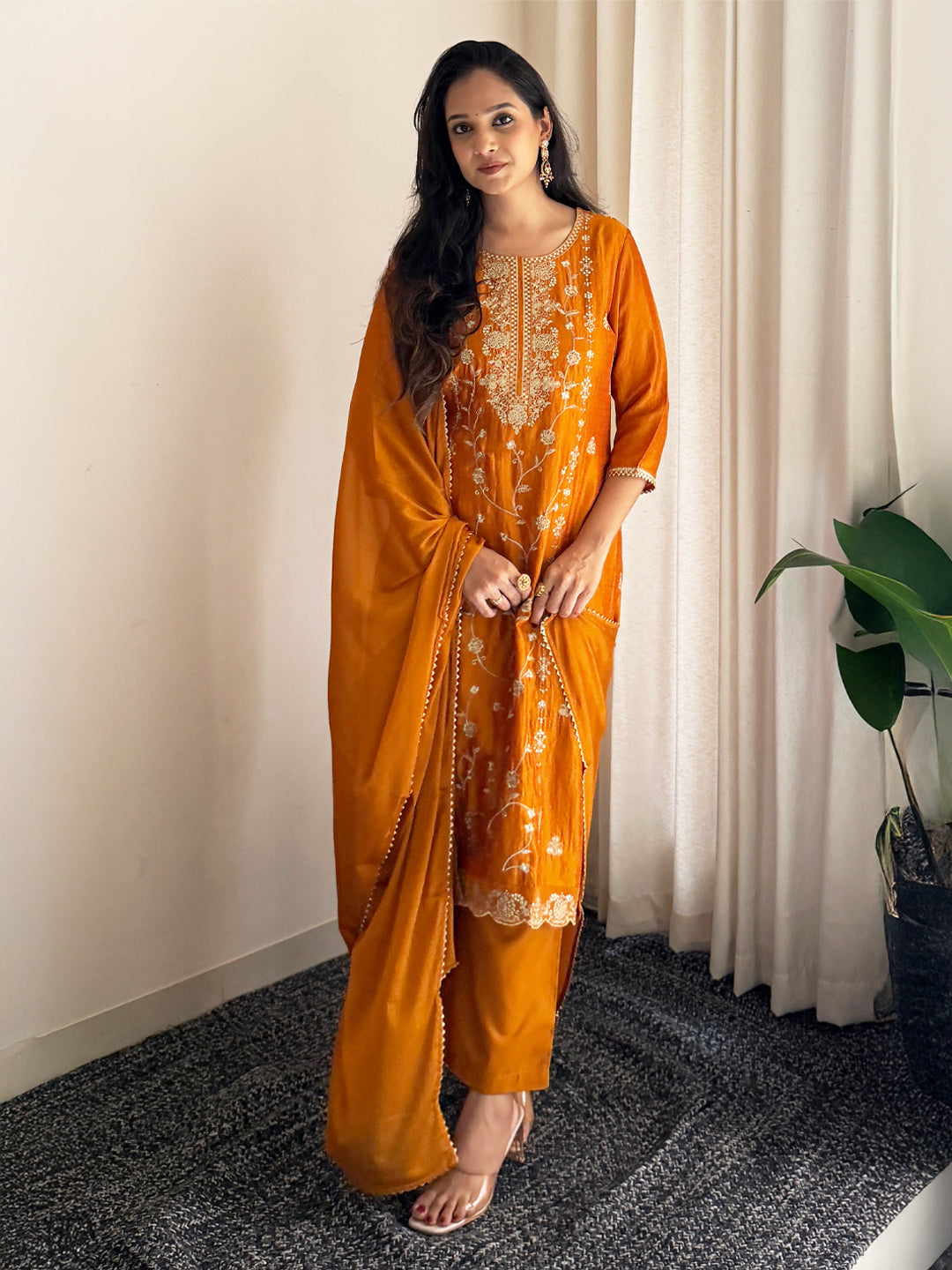 Janasya Women's Mustard Silk Blend Floral Zari Embroidered Straight Kurta Set
