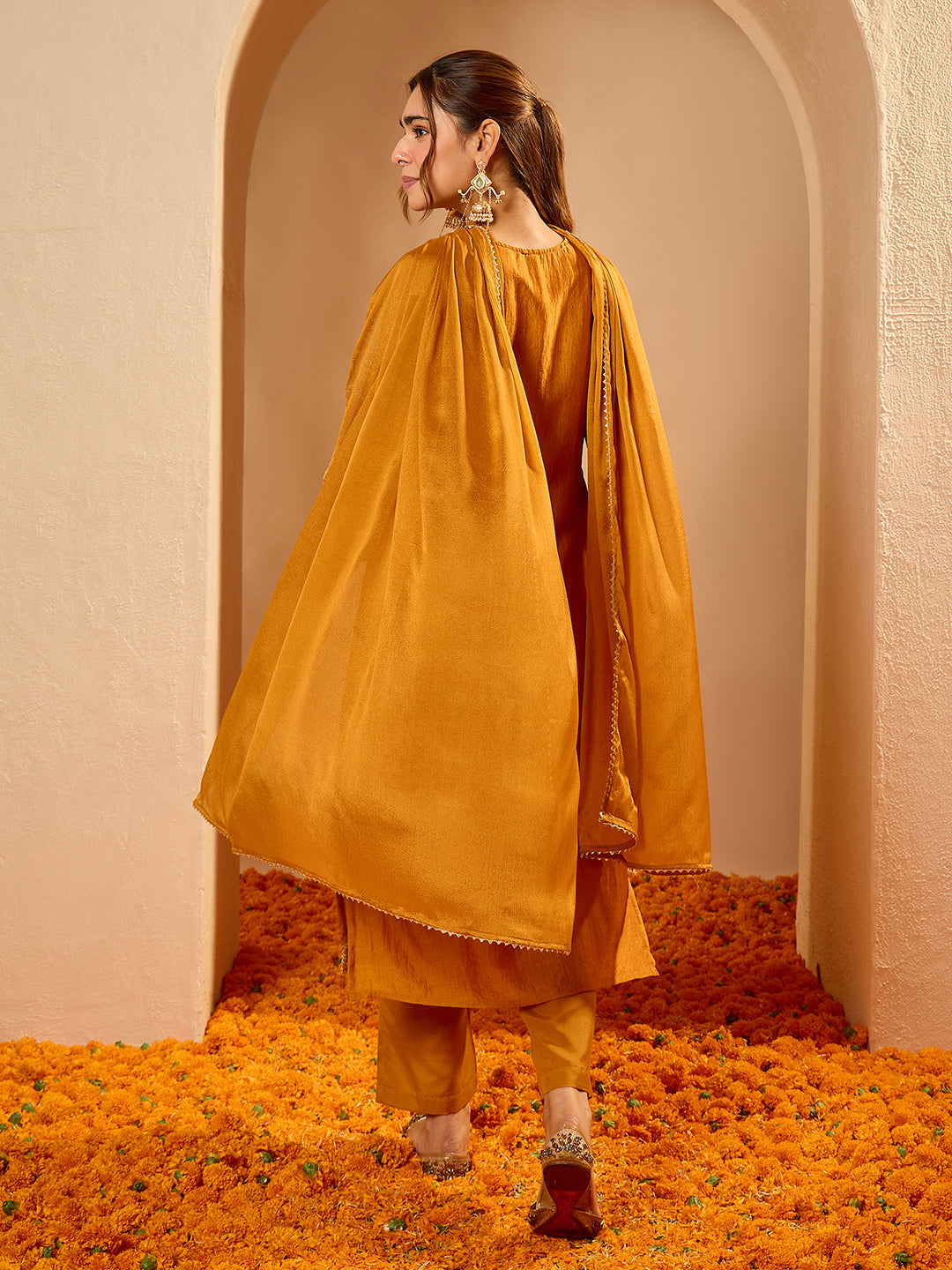 Janasya Women's Mustard Silk Blend Floral Zari Embroidered Straight Kurta Set