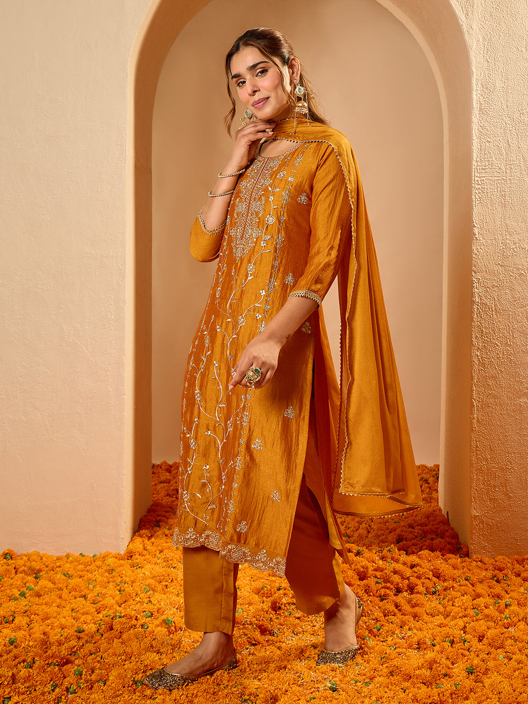 Janasya Women's Mustard Silk Blend Floral Zari Embroidered Straight Kurta Set