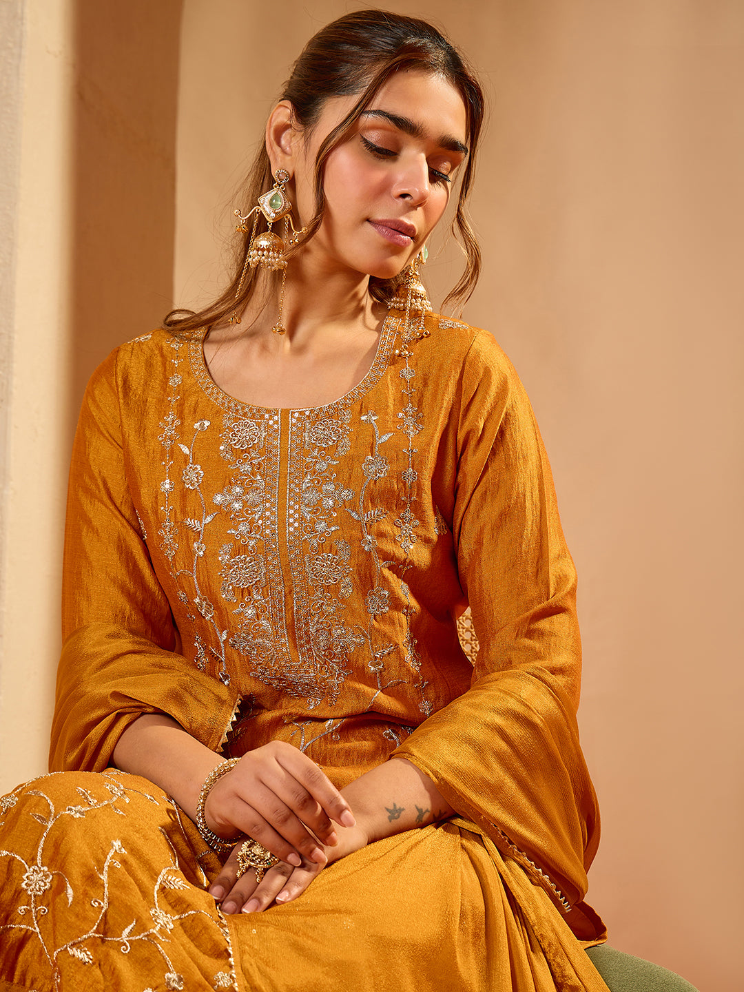 Janasya Women's Mustard Silk Blend Floral Zari Embroidered Straight Kurta Set