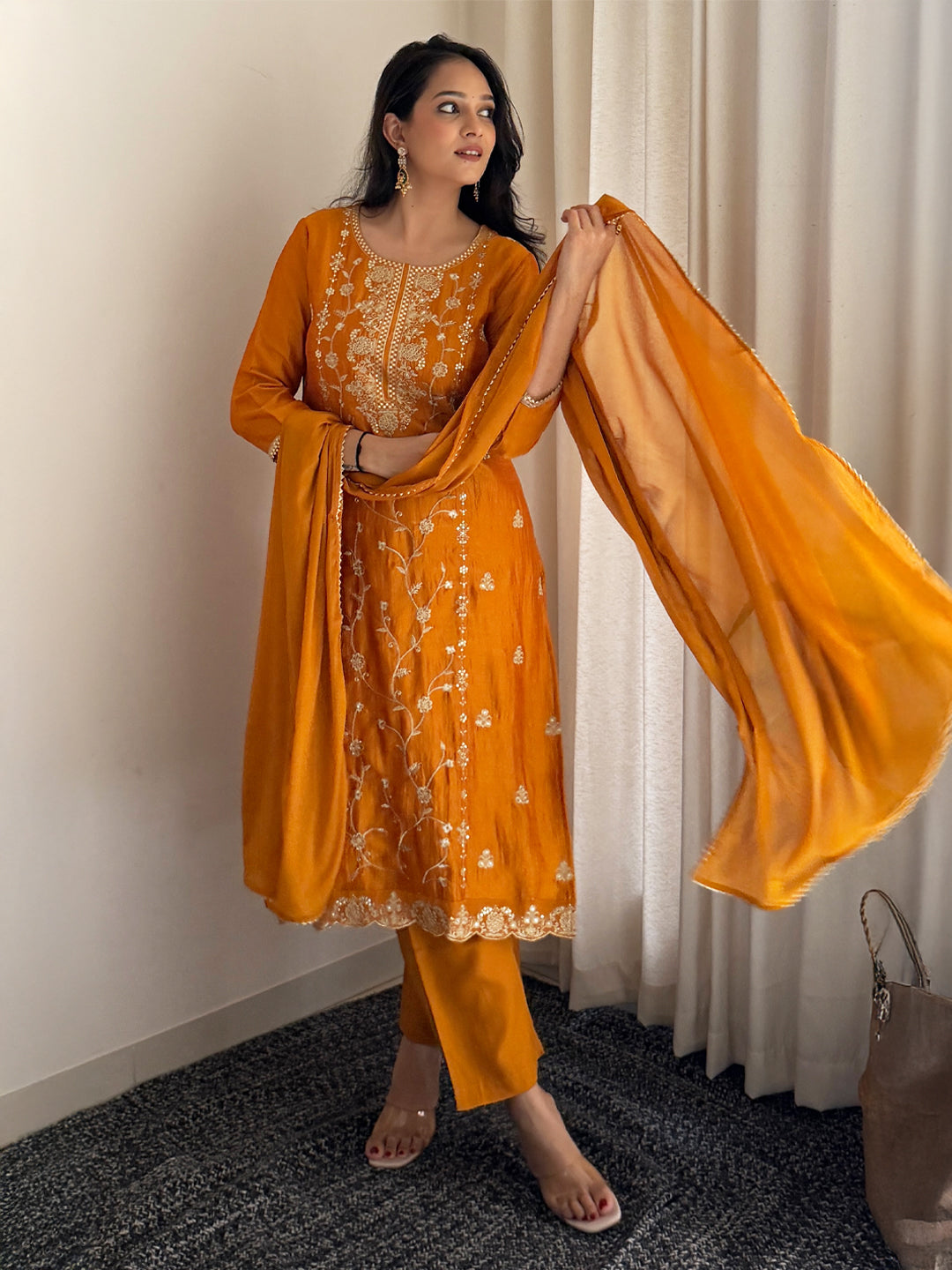 Janasya Women's Mustard Silk Blend Floral Zari Embroidered Straight Kurta Set