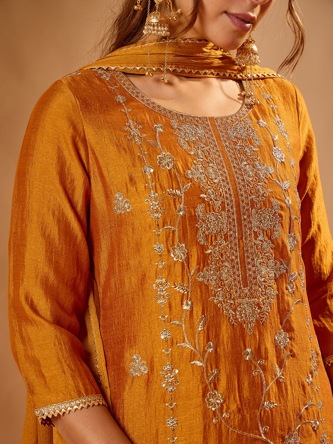 Janasya Women's Mustard Silk Blend Floral Zari Embroidered Straight Kurta Set