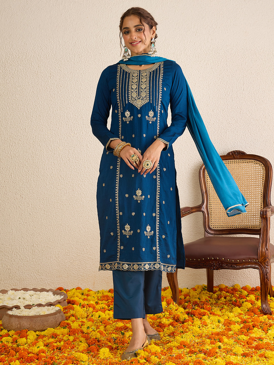 Janasya Women's Teal Blue Silk Blend Zari Embroidered Straight Kurta Set