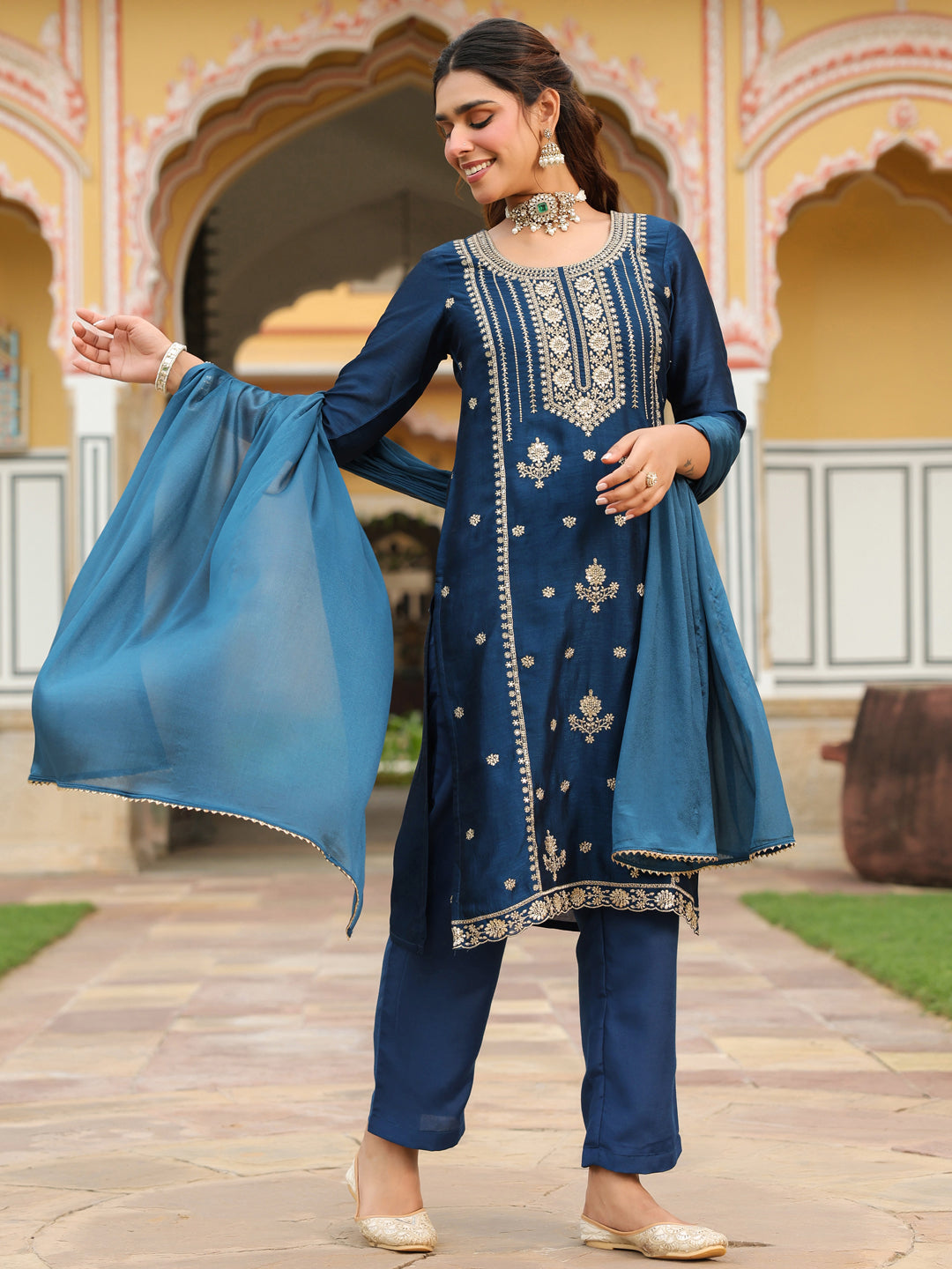 Janasya Women's Teal Blue Silk Blend Zari Embroidered Straight Kurta Set