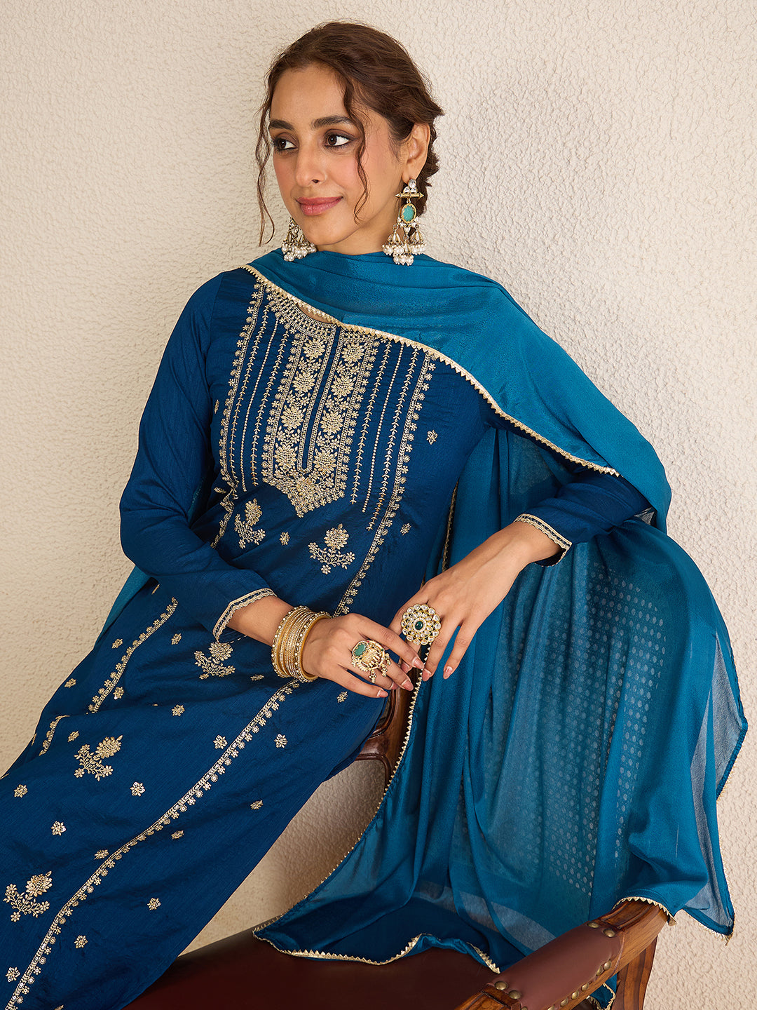 Janasya Women's Teal Blue Silk Blend Zari Embroidered Straight Kurta Set