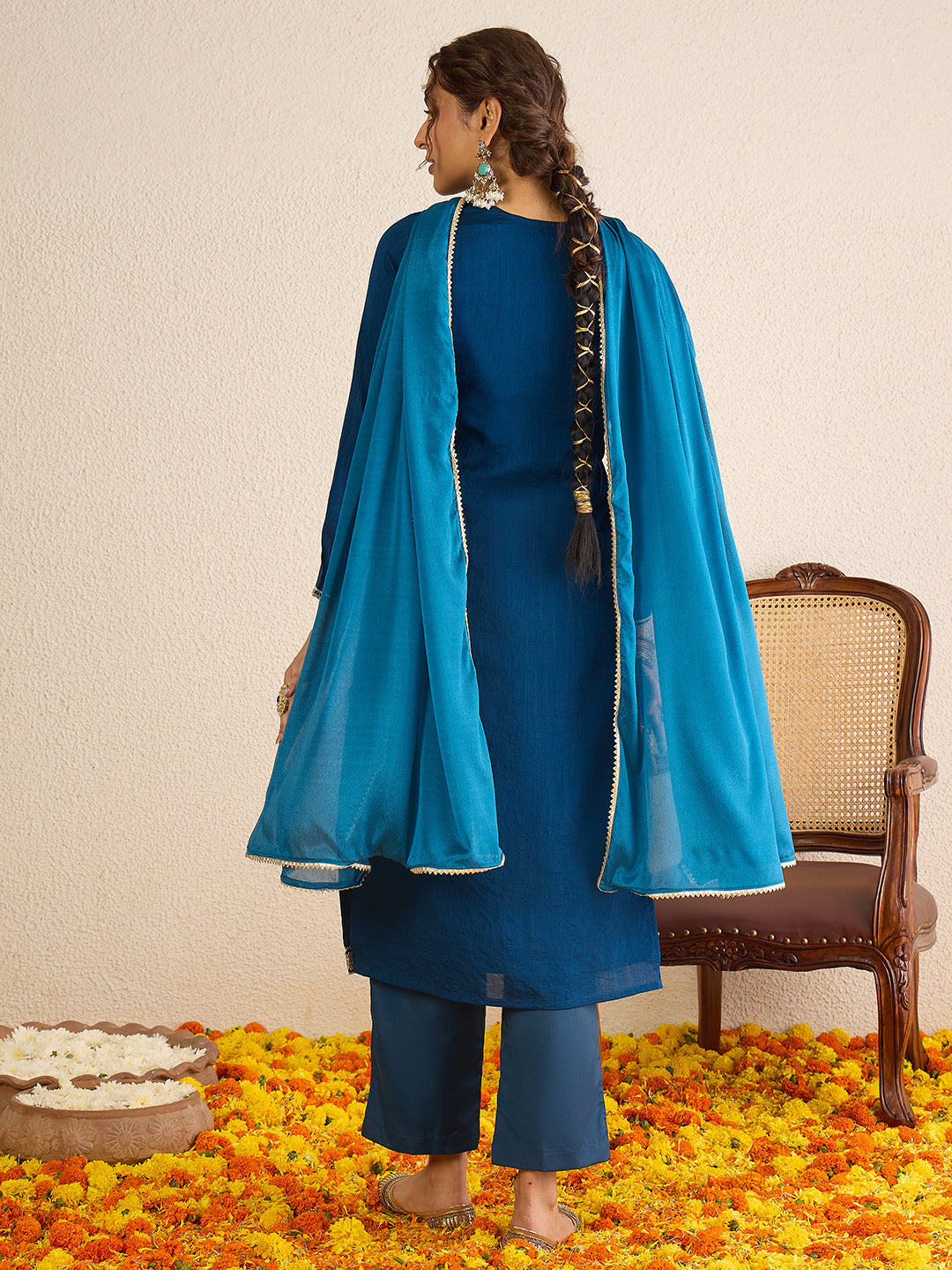 Janasya Women's Teal Blue Silk Blend Zari Embroidered Straight Kurta Set