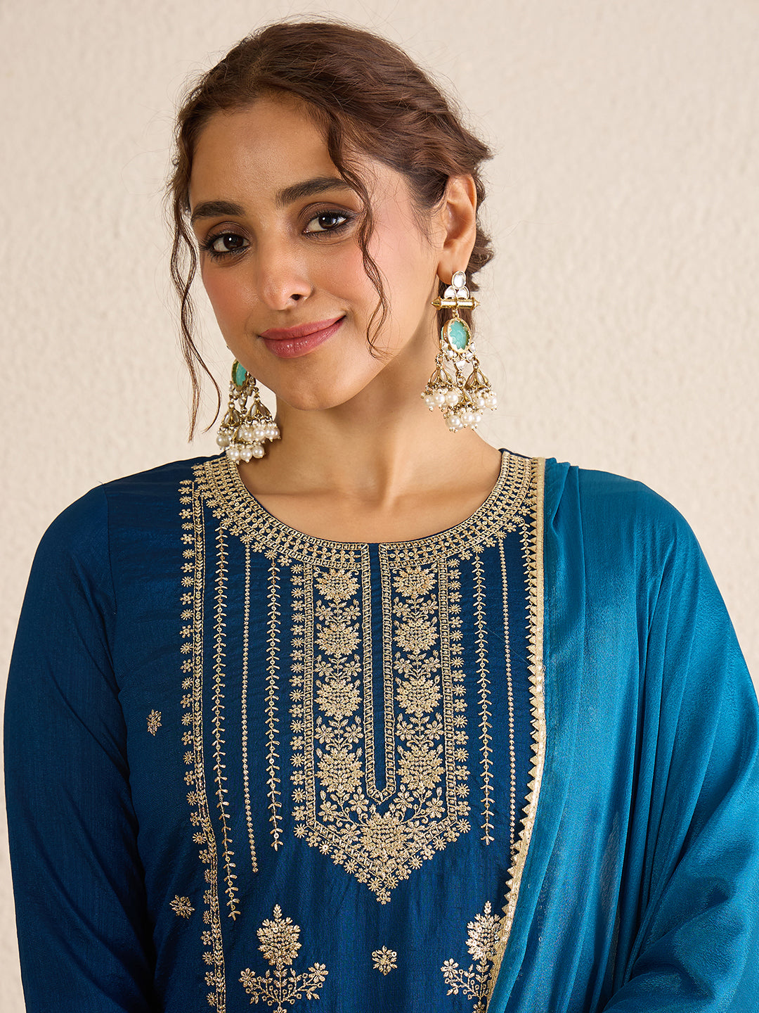 Janasya Women's Teal Blue Silk Blend Zari Embroidered Straight Kurta Set