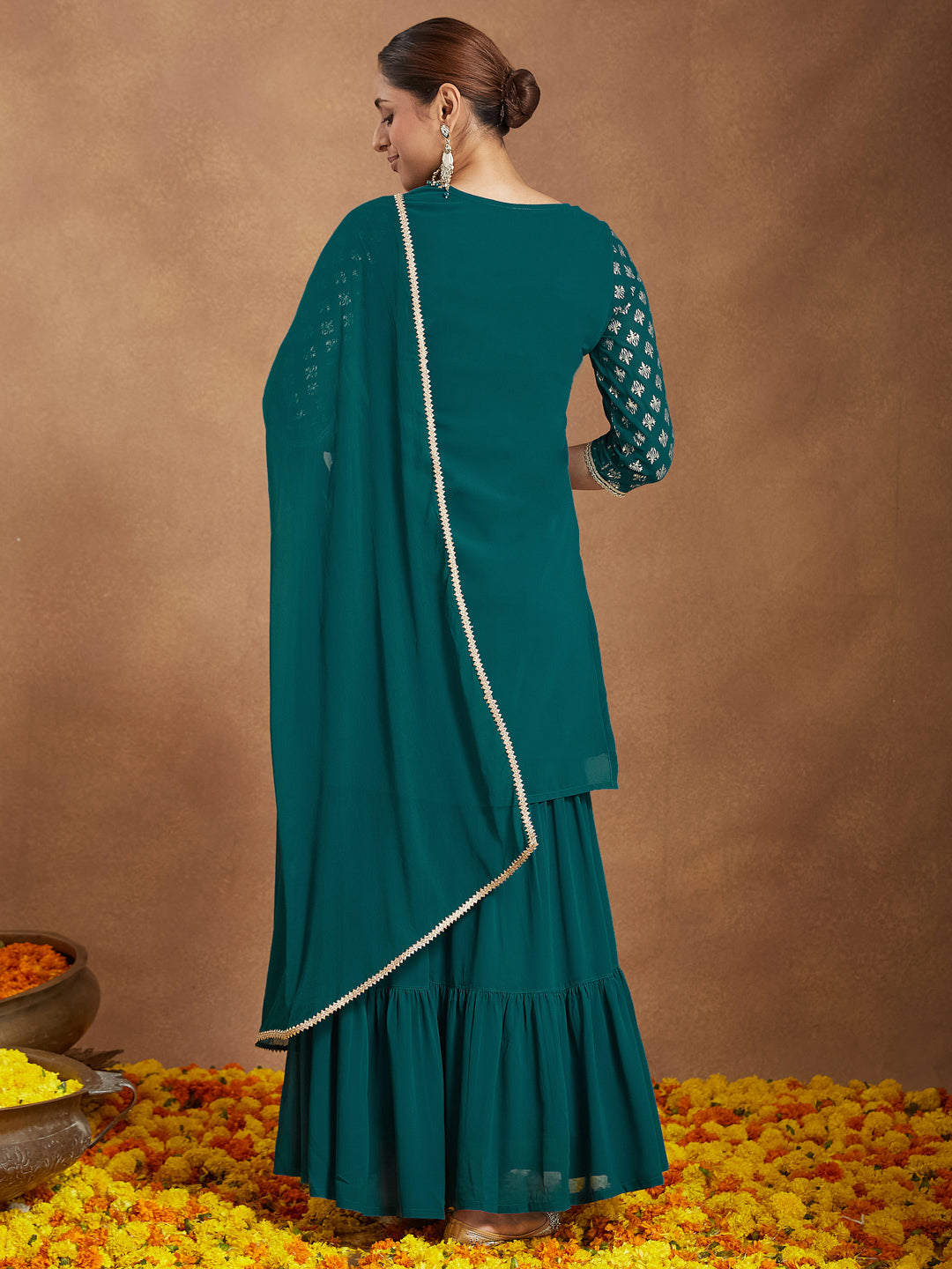 Janasya Women's Teal Green Georgette Embellished Foil Printed Straight Kurta With Sharara & Dupatta