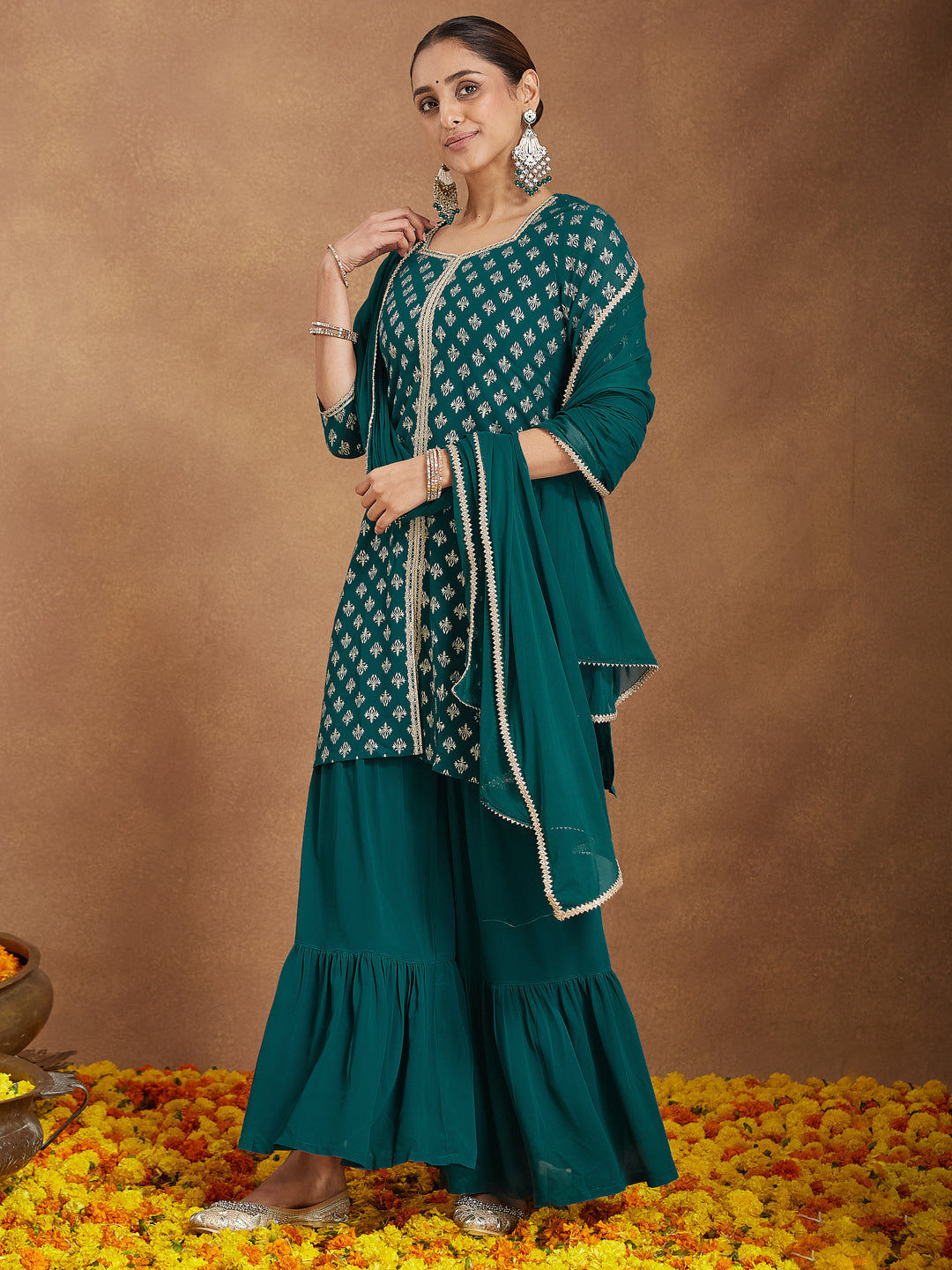 Janasya Women's Teal Green Georgette Embellished Foil Printed Straight Kurta With Sharara & Dupatta