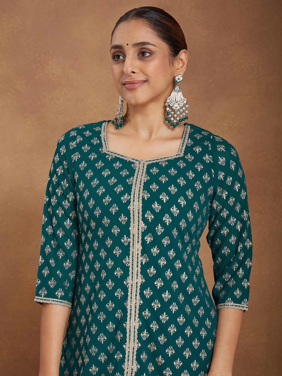 Janasya Women's Teal Green Georgette Embellished Foil Printed Straight Kurta With Sharara & Dupatta