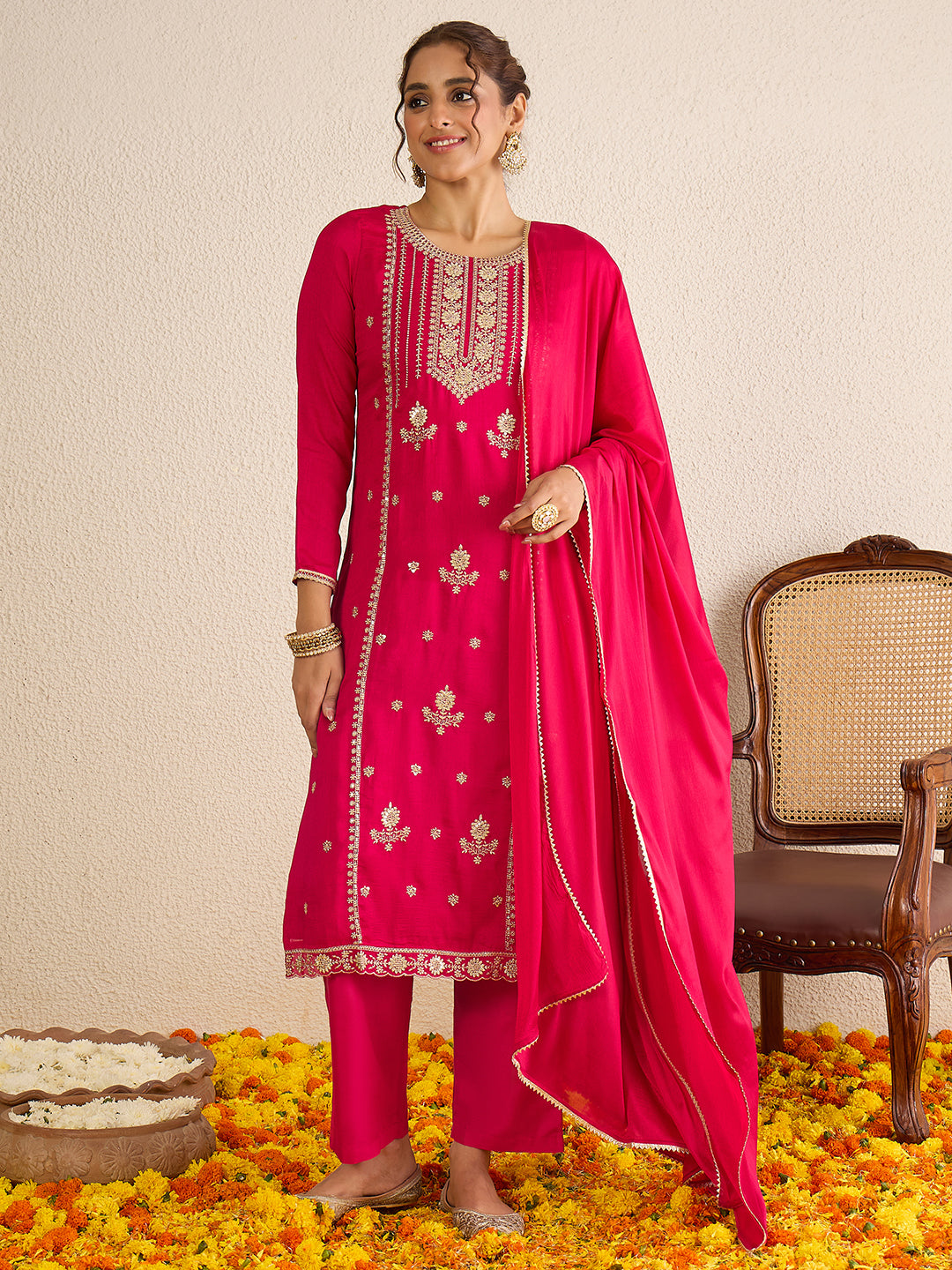 Janasya Women's Pink Silk Blend Floral Zari Embroidered Straight Kurta Set