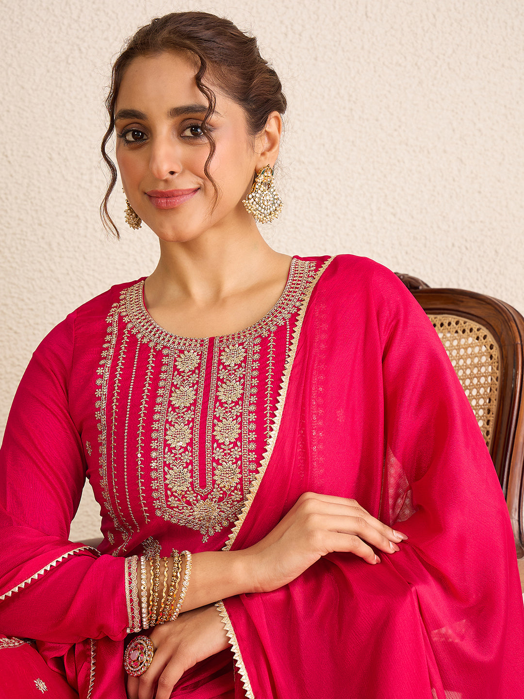 Janasya Women's Pink Silk Blend Floral Zari Embroidered Straight Kurta Set