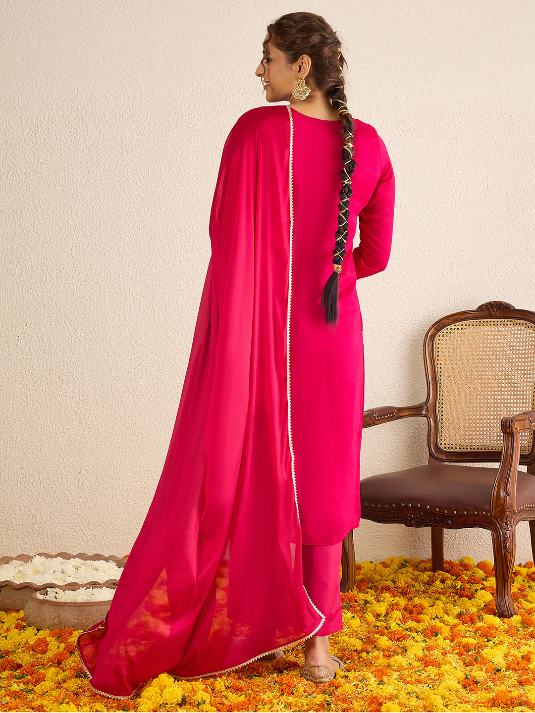 Janasya Women's Pink Silk Blend Floral Zari Embroidered Straight Kurta Set