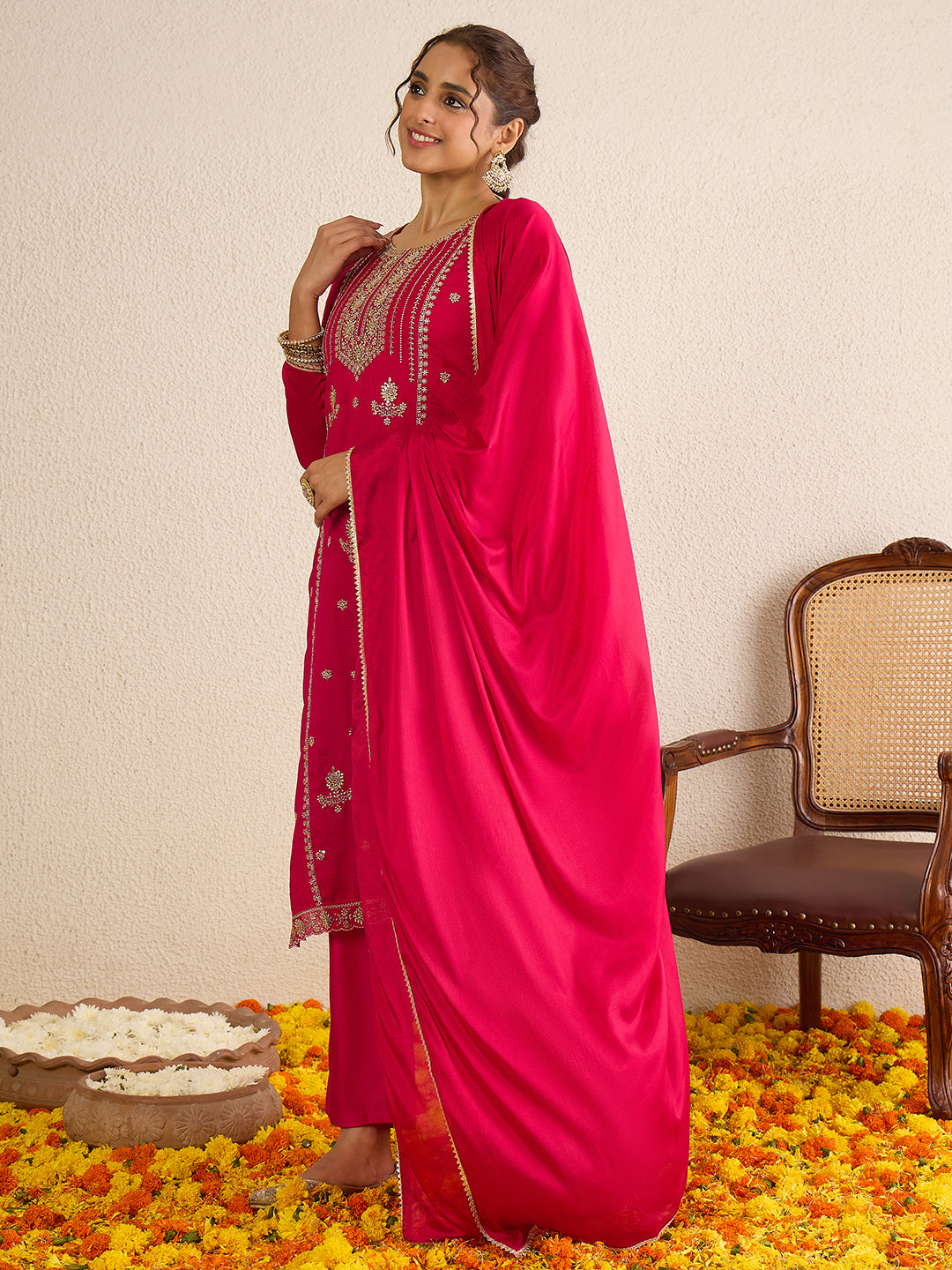 Janasya Women's Pink Silk Blend Floral Zari Embroidered Straight Kurta Set