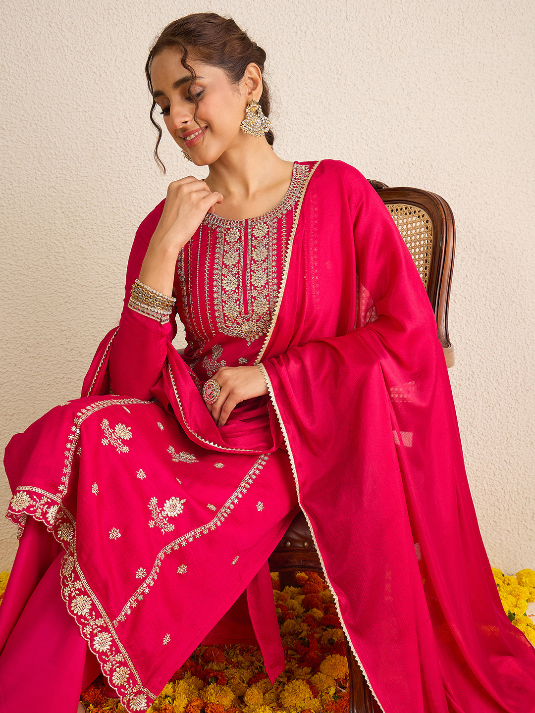 Janasya Women's Pink Silk Blend Floral Zari Embroidered Straight Kurta Set